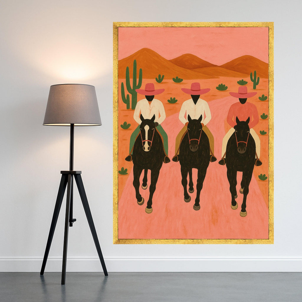Three Cowboys on Horses Canvas Wall Art, Southwestern Desert Scene, Modern Rustic Home Decor, Cactus Landscape Painting, Ready To Hang,