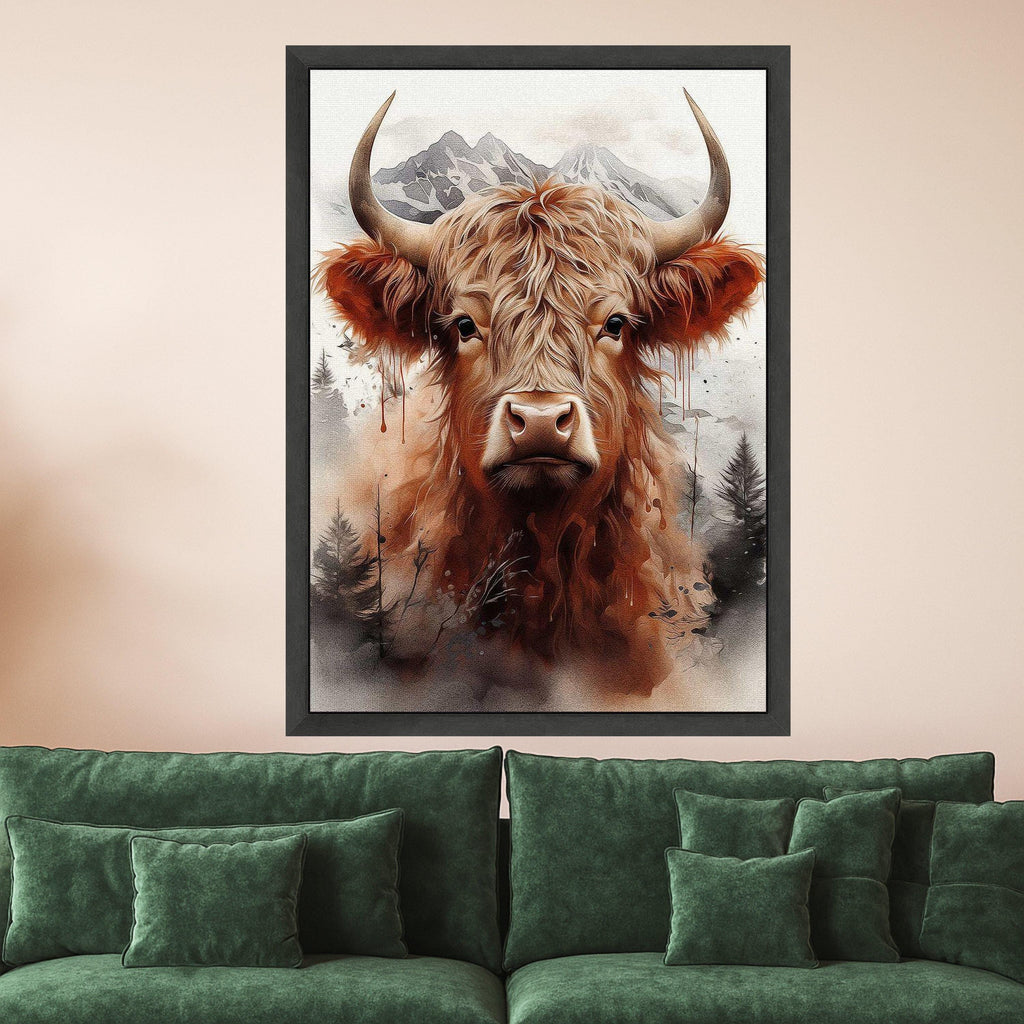 Highland Cow Portrait Canvas, Rustic Animal Wall Art, Mountain Landscape Print, Nature Wildlife Decor, Modern Farmhouse Ready To Hang,