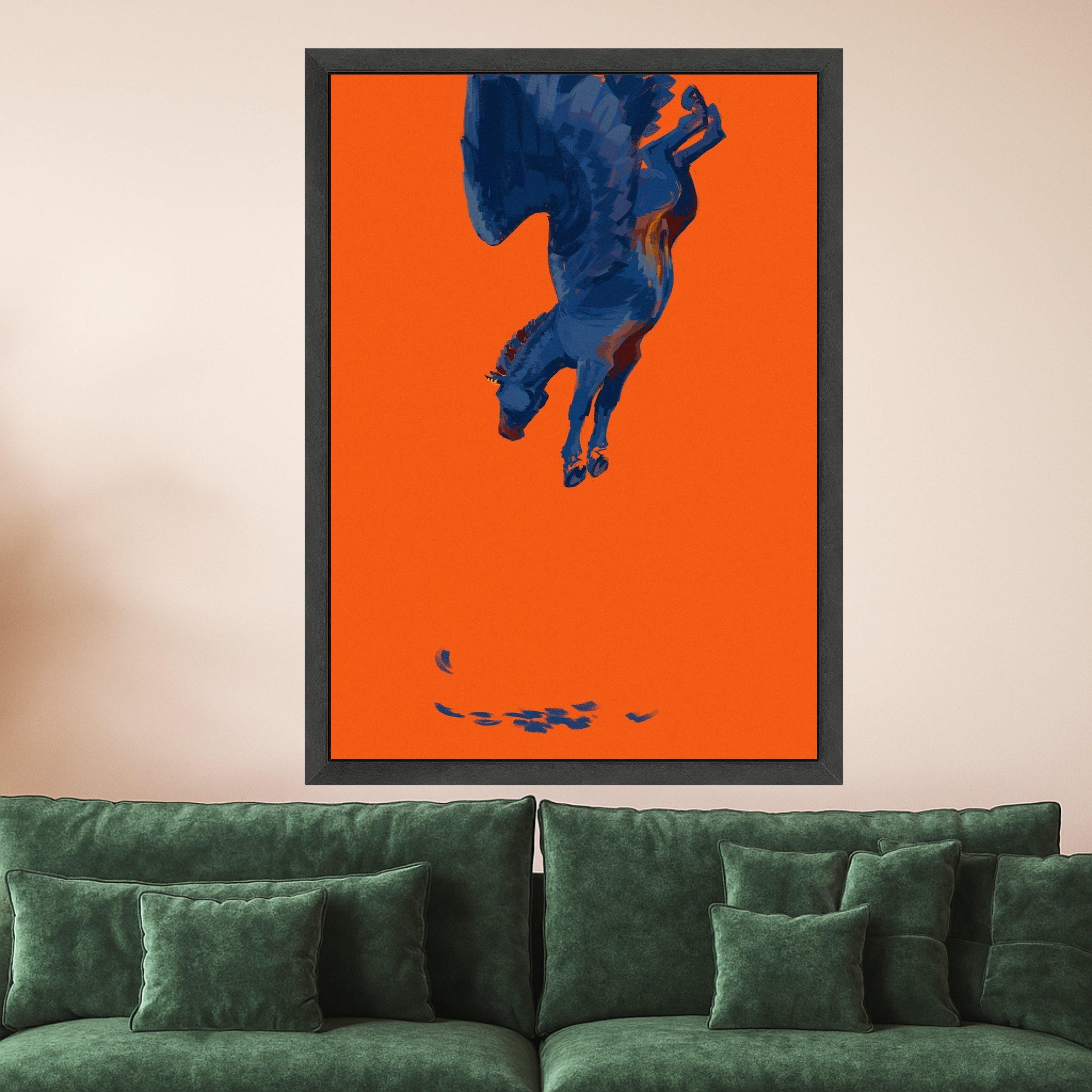 Surreal Blue Pegasus Canvas Art, Mythical Winged Horse Painting, Fantasy Animal Wall Decor, Modern Orange Background Canvas, Ready To Hang,