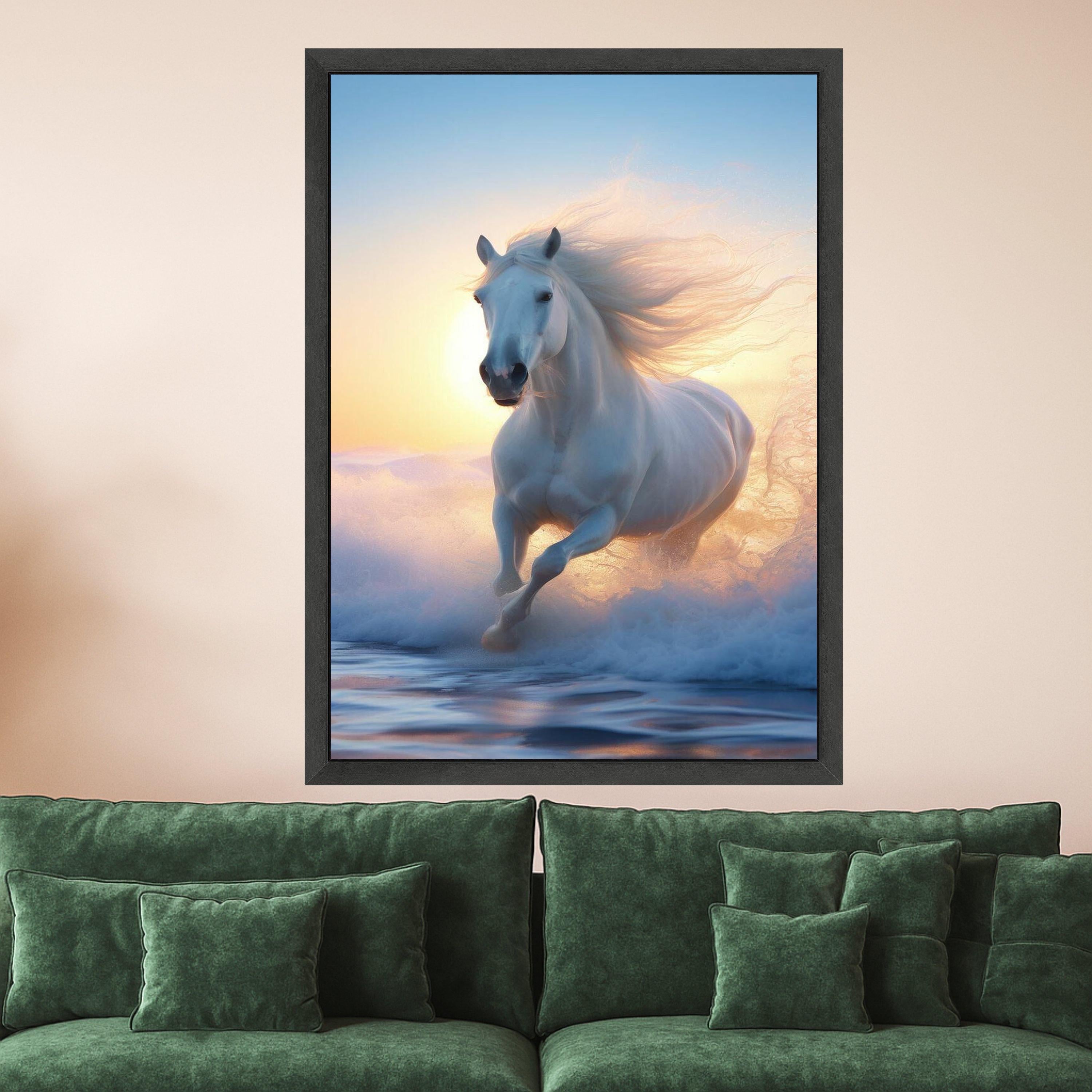 Majestic White Horse Running, Ocean Waves Canvas, Sunset Beach Wall Art, Equestrian Nature Canvas, Dynamic Animal Canvas, Ready To Hang,