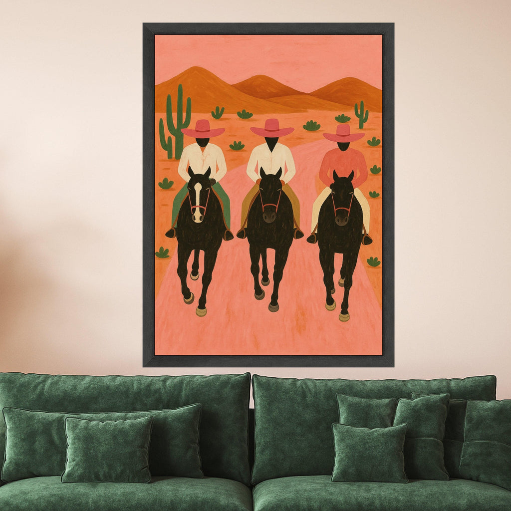 Three Cowboys on Horses Canvas Wall Art, Southwestern Desert Scene, Modern Rustic Home Decor, Cactus Landscape Painting, Ready To Hang,