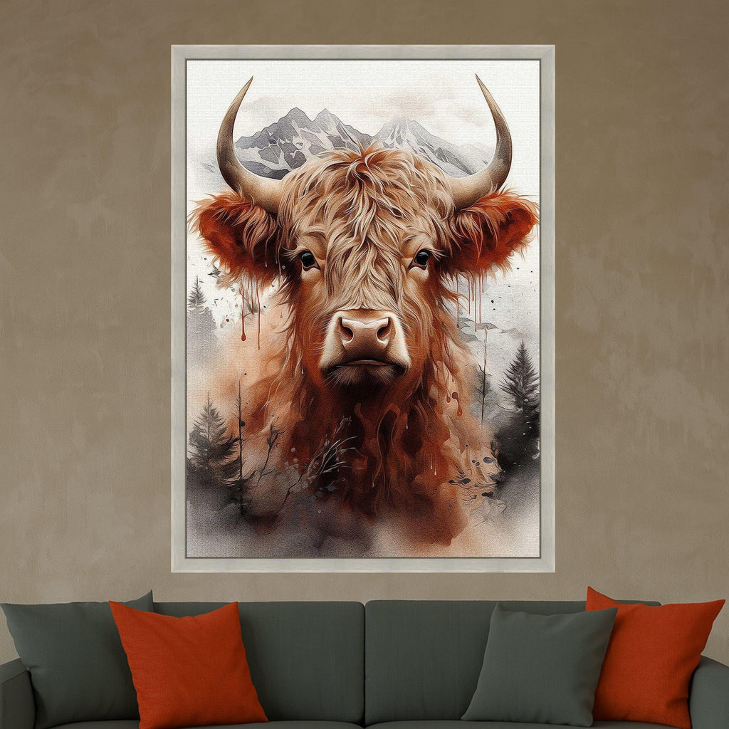 Highland Cow Portrait Canvas, Rustic Animal Wall Art, Mountain Landscape Print, Nature Wildlife Decor, Modern Farmhouse Ready To Hang,