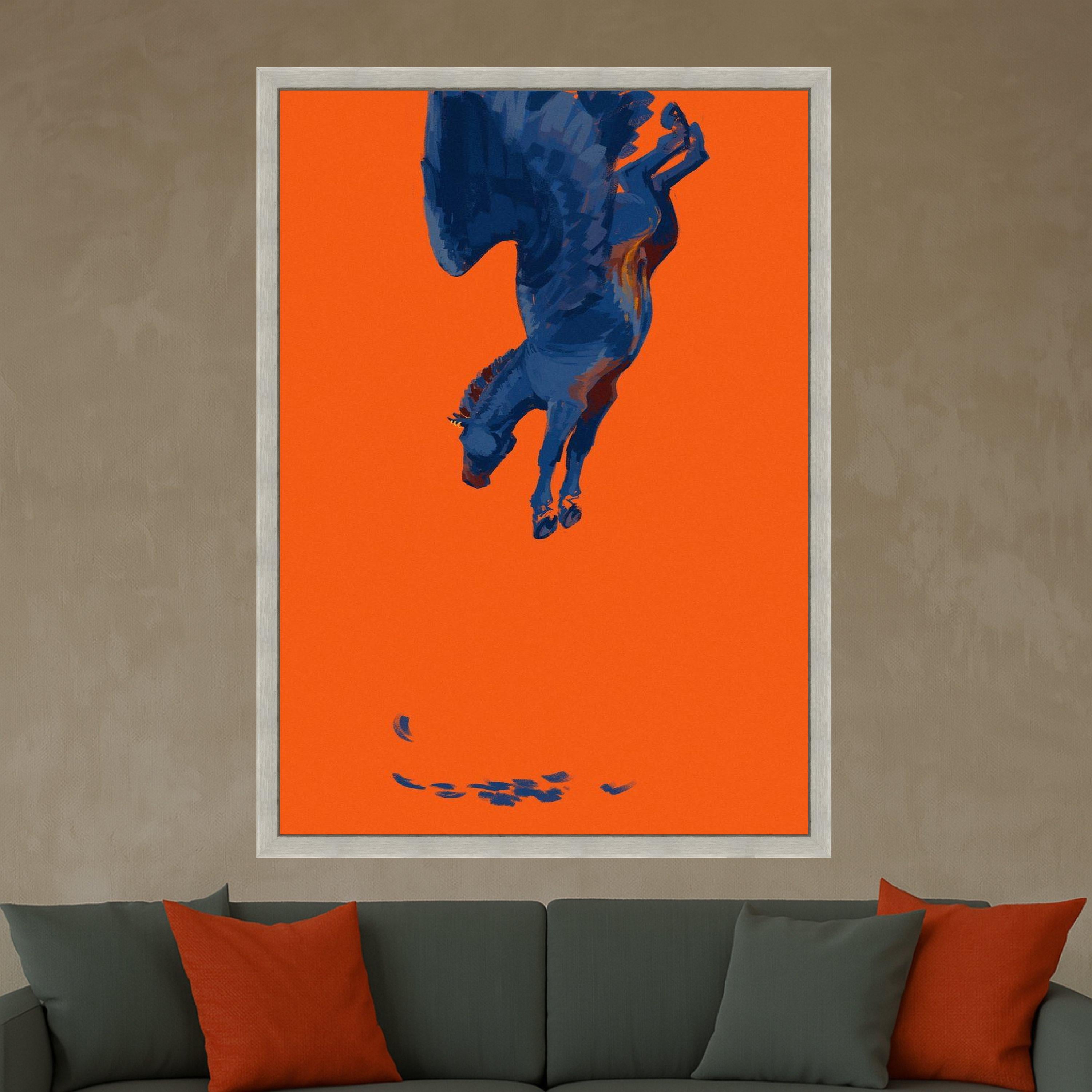 Surreal Blue Pegasus Canvas Art, Mythical Winged Horse Painting, Fantasy Animal Wall Decor, Modern Orange Background Canvas, Ready To Hang,