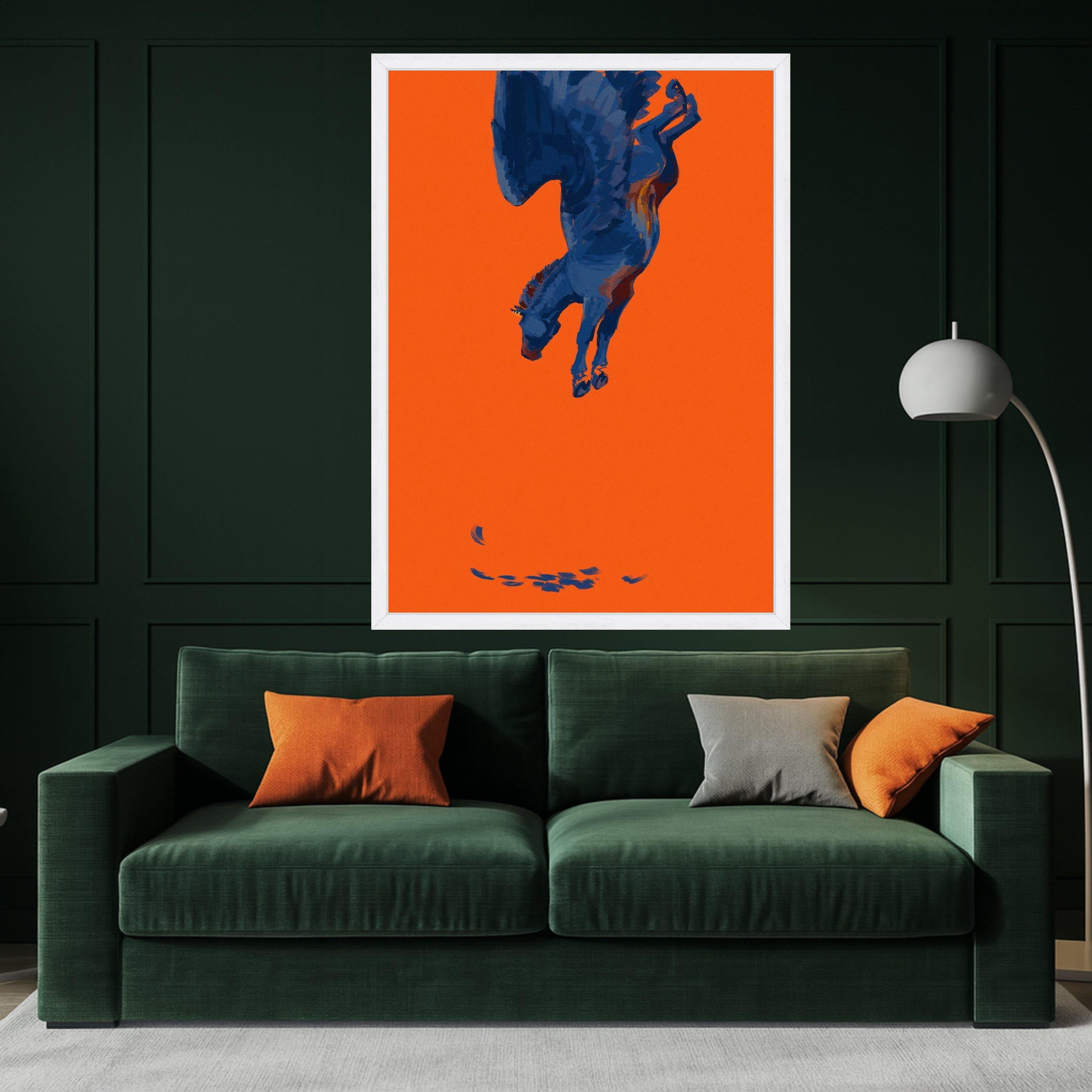 Surreal Blue Pegasus Canvas Art, Mythical Winged Horse Painting, Fantasy Animal Wall Decor, Modern Orange Background Canvas, Ready To Hang,