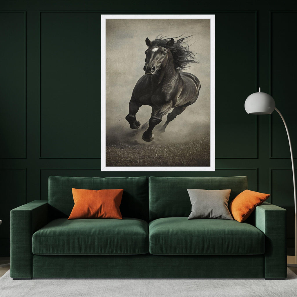 Majestic Black Stallion Running Canvas, Equestrian Wall Art, Horse Galloping Canvas, Rustic Animal Portrait, Home Decor Ready To Hang,