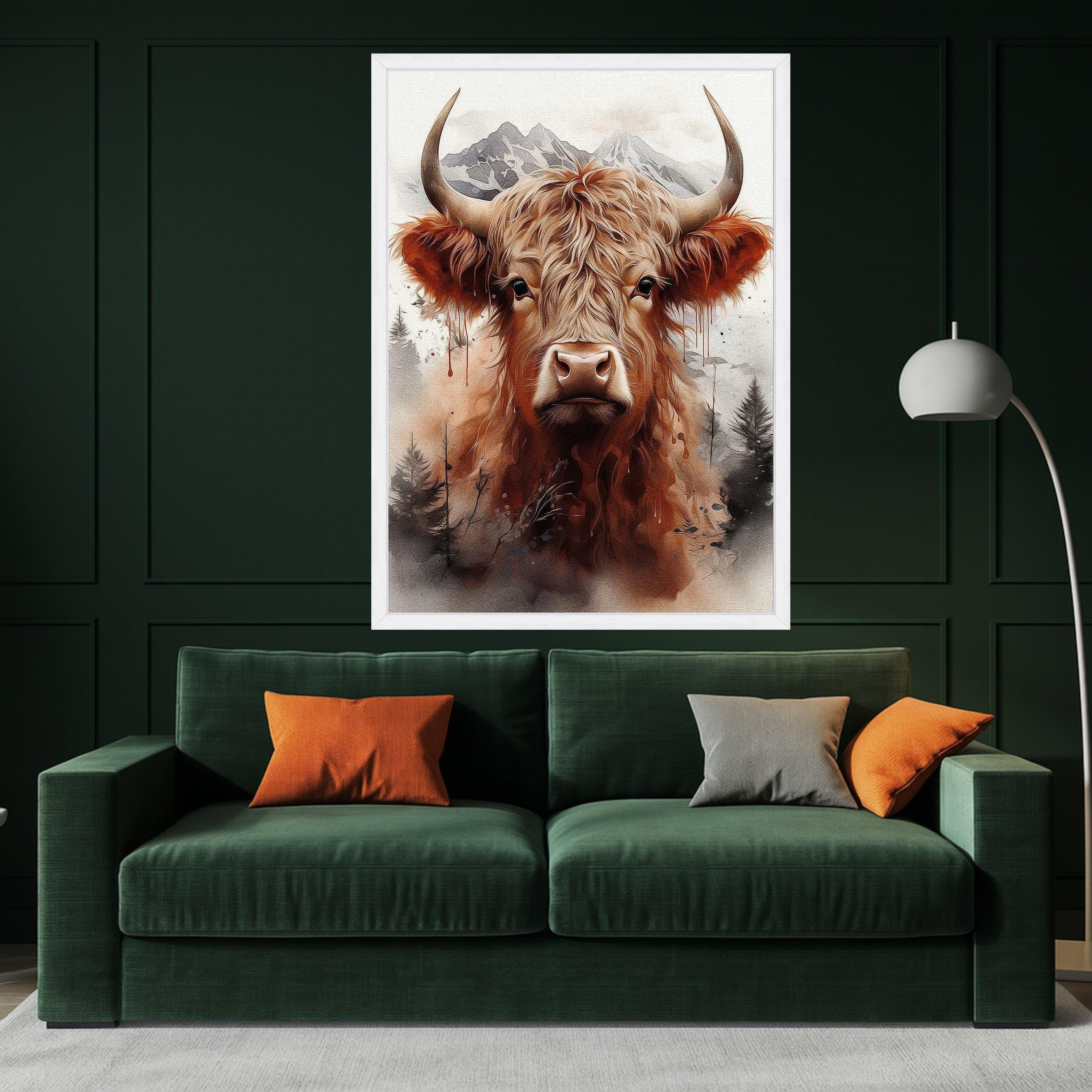 Highland Cow Portrait Canvas, Rustic Animal Wall Art, Mountain Landscape Print, Nature Wildlife Decor, Modern Farmhouse Ready To Hang,