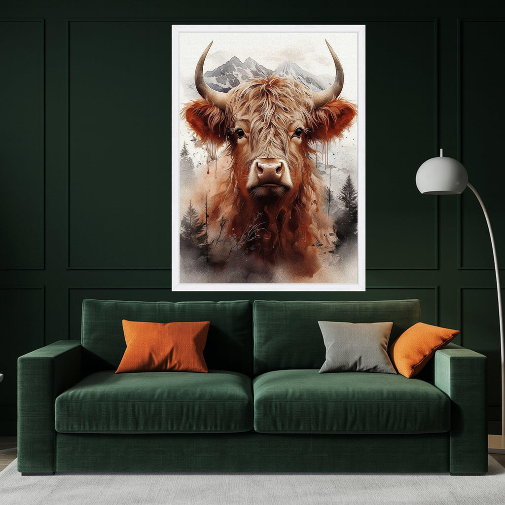 Highland Cow Portrait Canvas, Rustic Animal Wall Art, Mountain Landscape Print, Nature Wildlife Decor, Modern Farmhouse Ready To Hang,