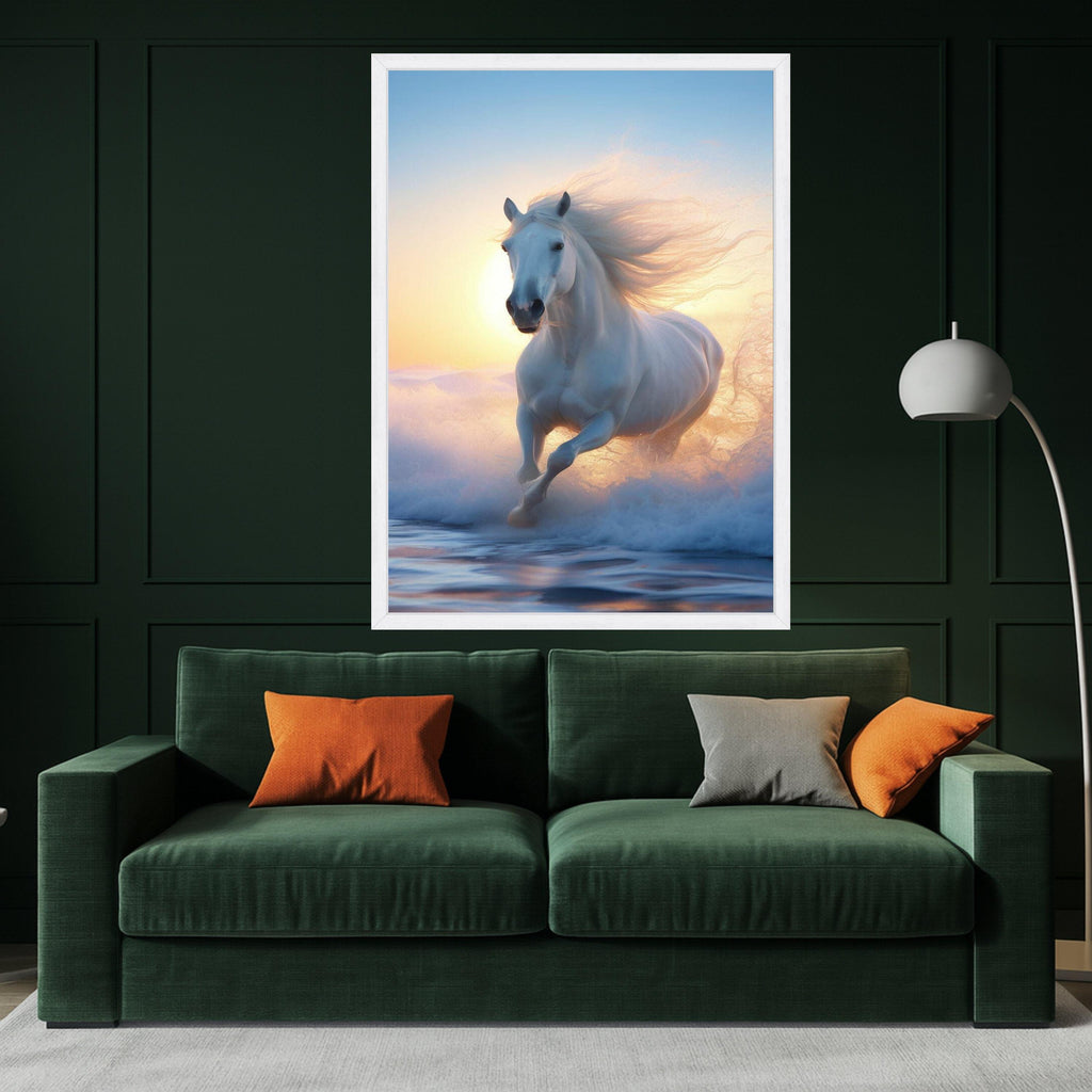 Majestic White Horse Running, Ocean Waves Canvas, Sunset Beach Wall Art, Equestrian Nature Canvas, Dynamic Animal Canvas, Ready To Hang,