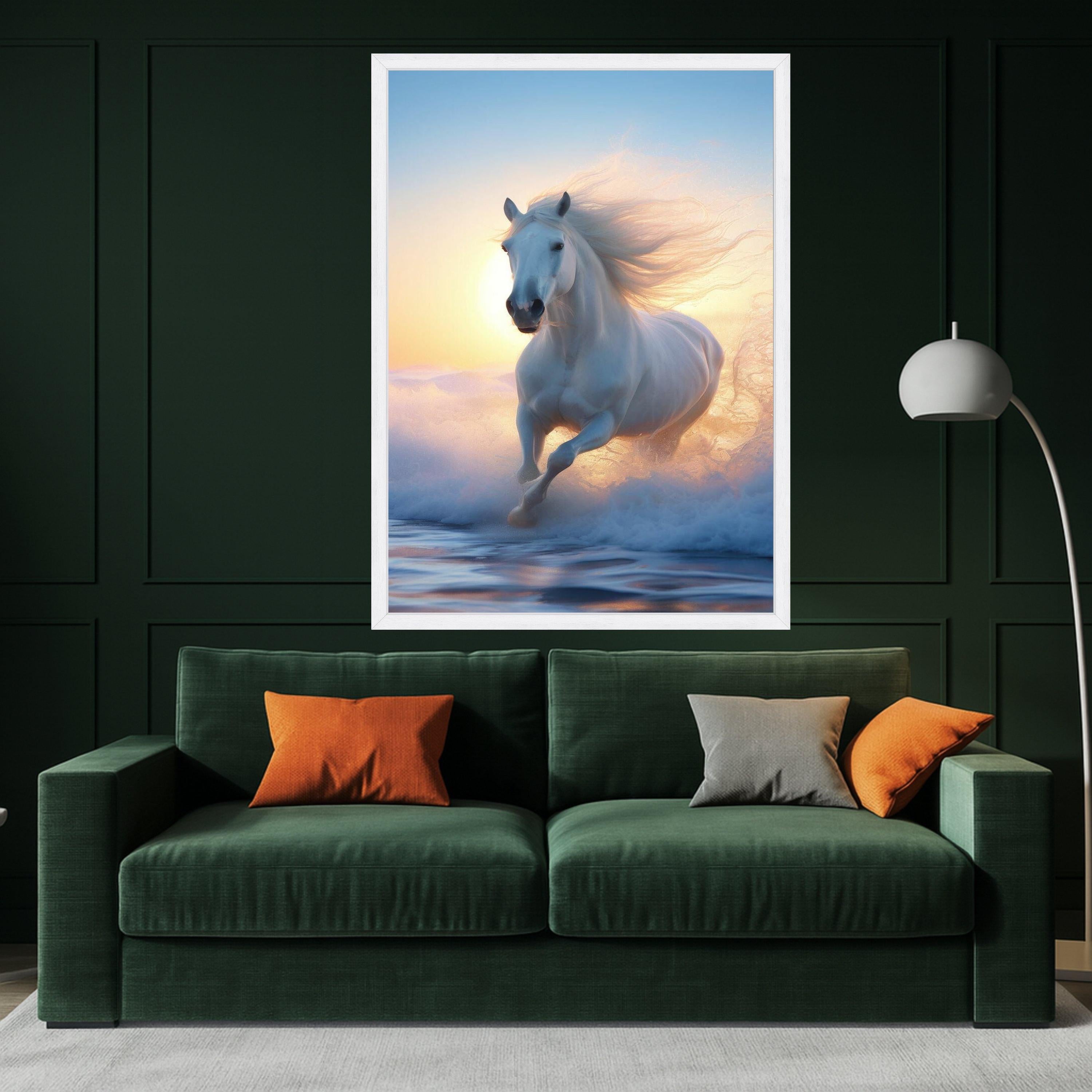Majestic White Horse Running, Ocean Waves Canvas, Sunset Beach Wall Art, Equestrian Nature Canvas, Dynamic Animal Canvas, Ready To Hang,