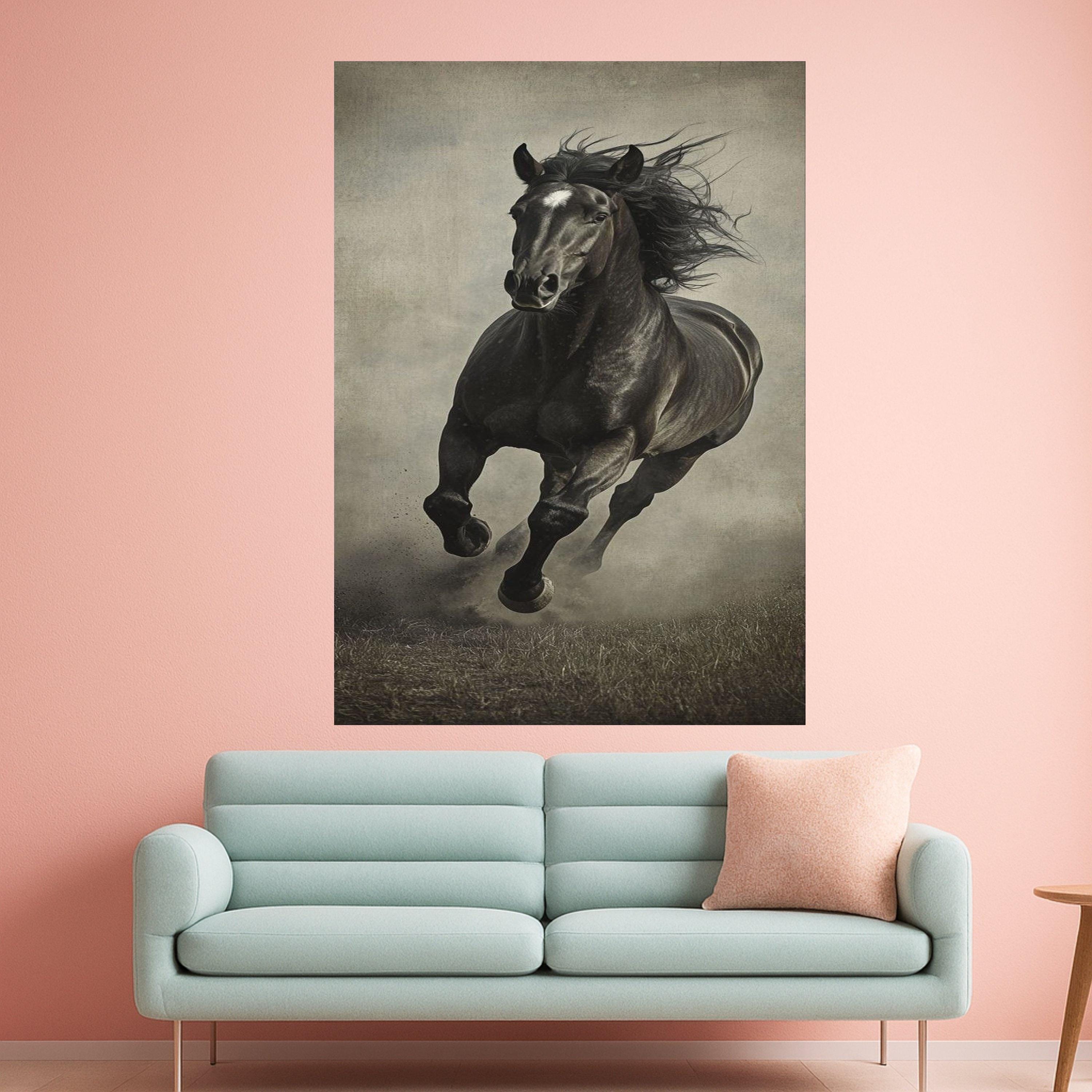 Majestic Black Stallion Running Canvas, Equestrian Wall Art, Horse Galloping Canvas, Rustic Animal Portrait, Home Decor Ready To Hang,