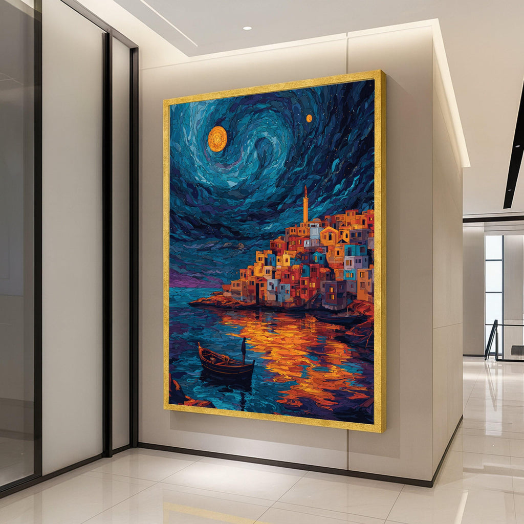 Starry Night Village, Coastal Town Canvas Wall Art, Moonlit Reflection Painting, Colorful Houses by Water, Nautical Home Ready To Hang,