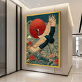 Elegant Crane Bird Canvas Wall Art, Japanese Sunrise and Floral Waves, Traditional Asian Nature Decor, Detailed Wildlife Ready To Hang,