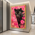 Black Panther Canvas Wall Art, Floral Jungle Animal Portrait, Modern Wildlife Canvas, Vibrant Pink Flower Background, Nature Ready To Hang,