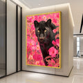 Black Panther Canvas Wall Art, Floral Jungle Animal Portrait, Modern Wildlife Canvas, Vibrant Pink Flower Background, Nature Ready To Hang,