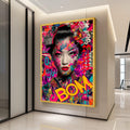Vibrant Geisha Portrait Canvas, Colorful Floral Butterfly Wall Art, Modern Asian Art Print, Bold Pop Art Design, Ready to Ready To Hang,