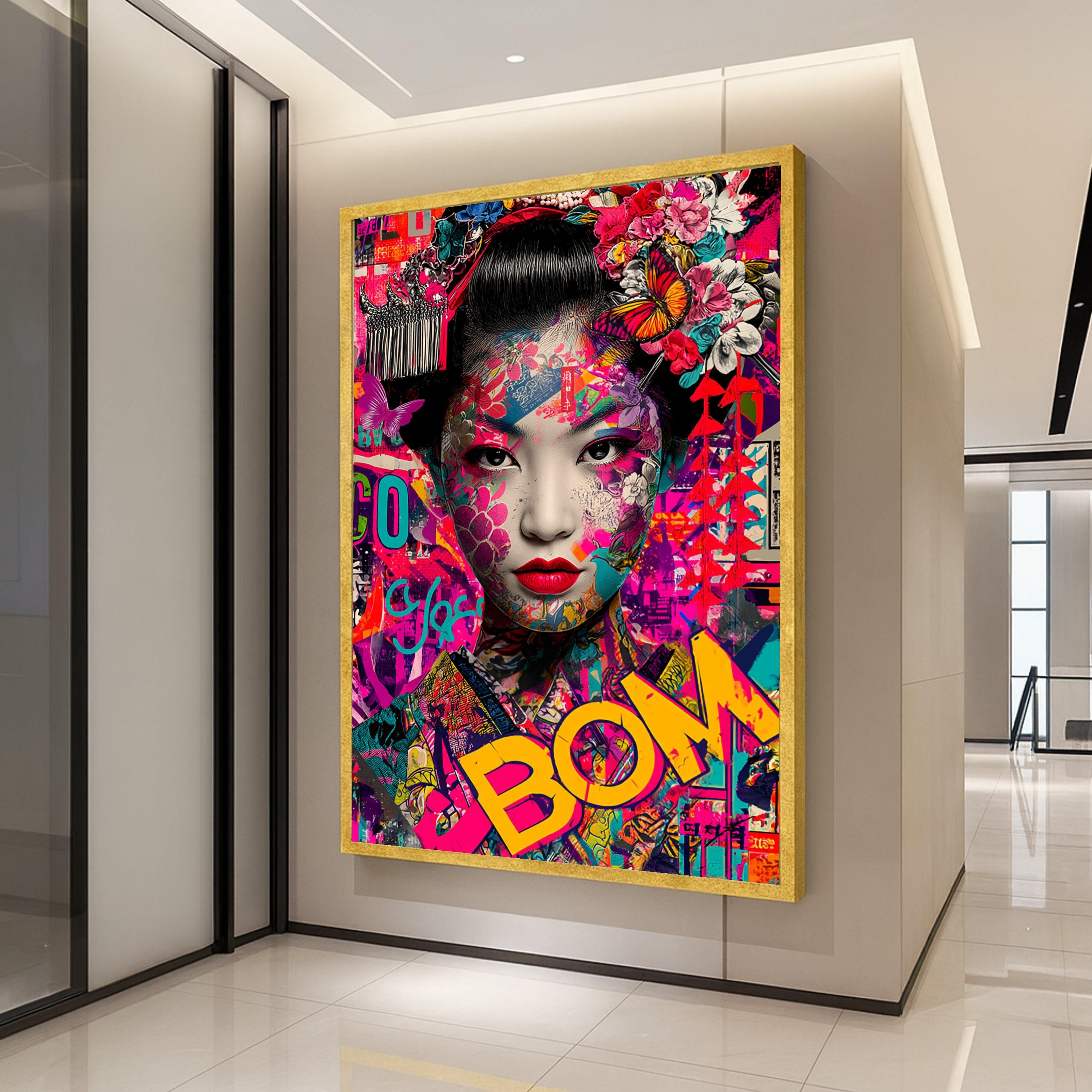 Vibrant Geisha Portrait Canvas, Colorful Floral Butterfly Wall Art, Modern Asian Art Print, Bold Pop Art Design, Ready to Ready To Hang,