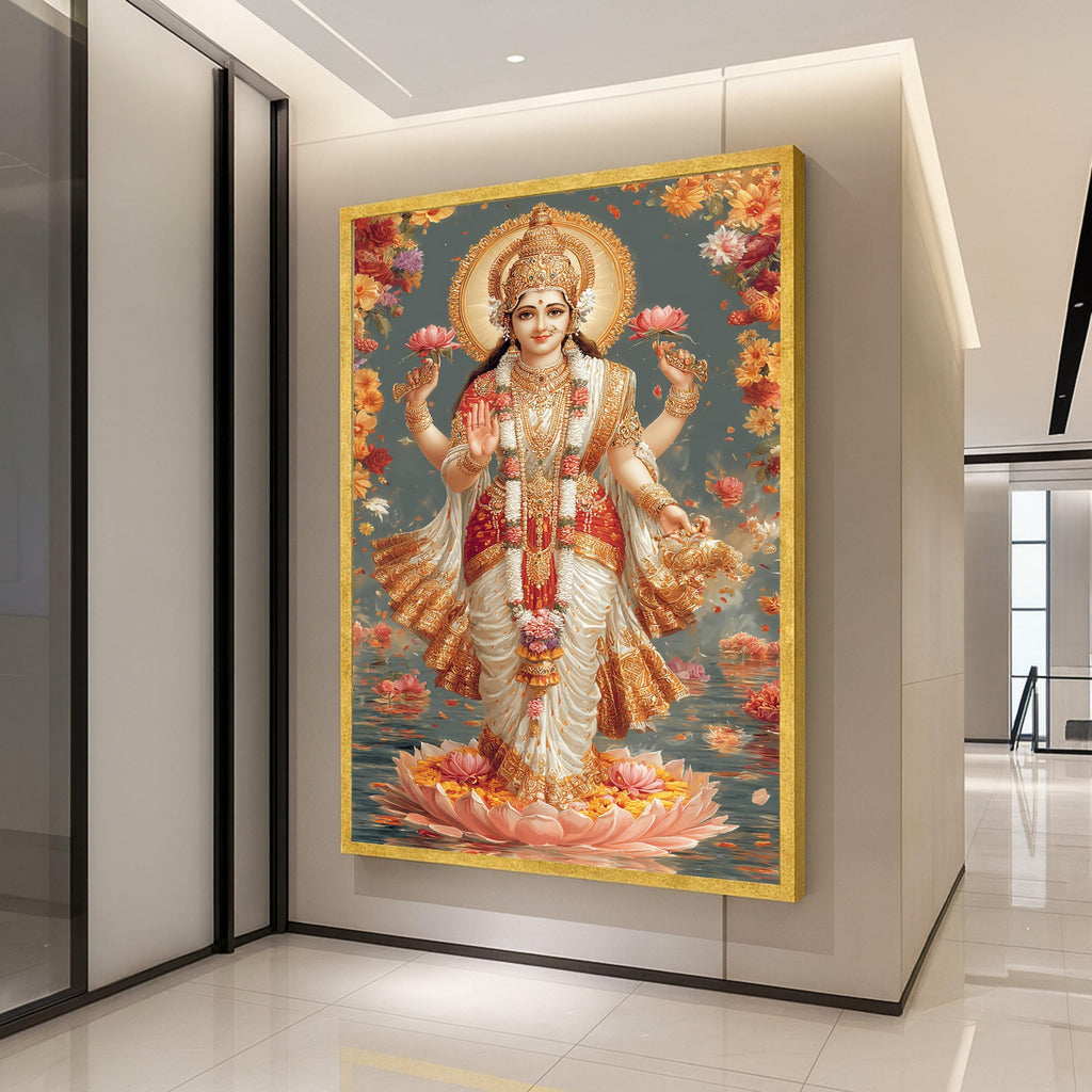 Hindu Goddess Lakshmi Canvas Wall Art, Spiritual Divine Decor, Indian Religious Painting, Floral Lotus Theme, Gold Accent Ready To Hang,