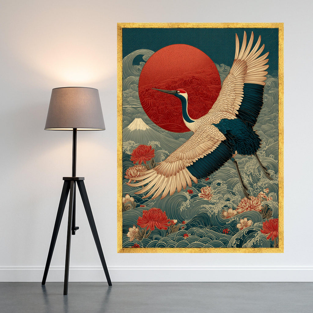 Elegant Crane Bird Canvas Wall Art, Japanese Sunrise and Floral Waves, Traditional Asian Nature Decor, Detailed Wildlife Ready To Hang,