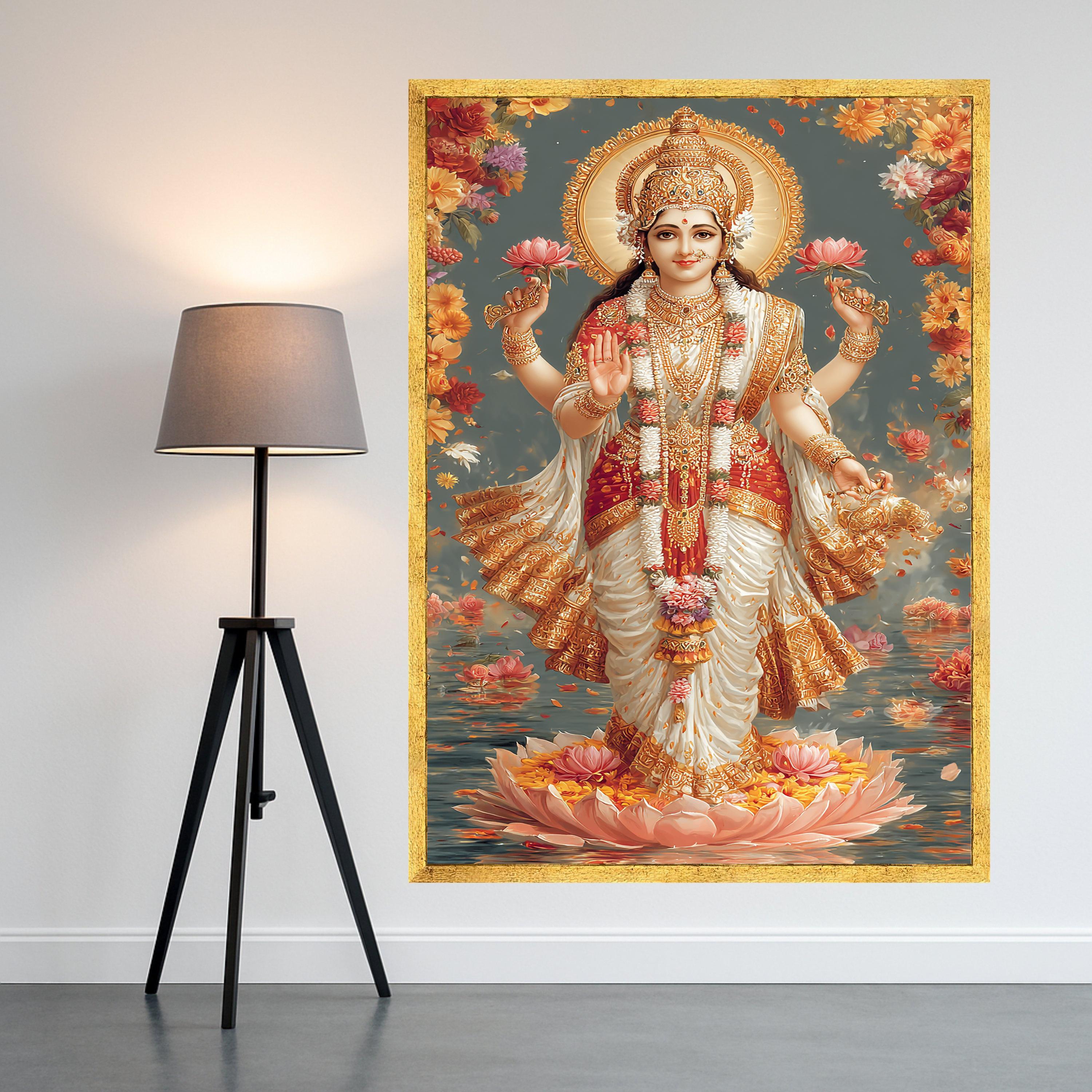 Hindu Goddess Lakshmi Canvas Wall Art, Spiritual Divine Decor, Indian Religious Painting, Floral Lotus Theme, Gold Accent Ready To Hang,