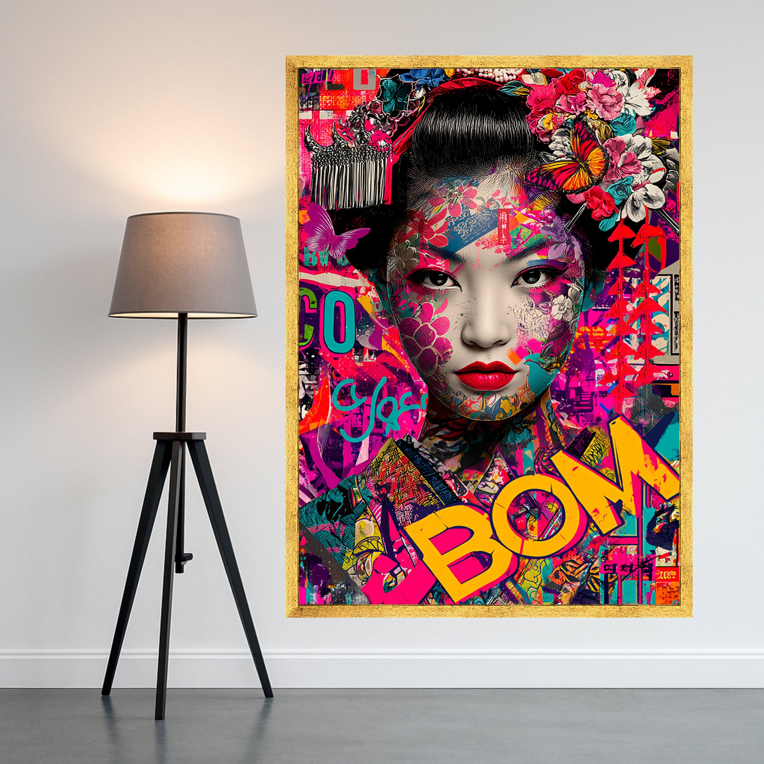 Vibrant Geisha Portrait Canvas, Colorful Floral Butterfly Wall Art, Modern Asian Art Print, Bold Pop Art Design, Ready to Ready To Hang,