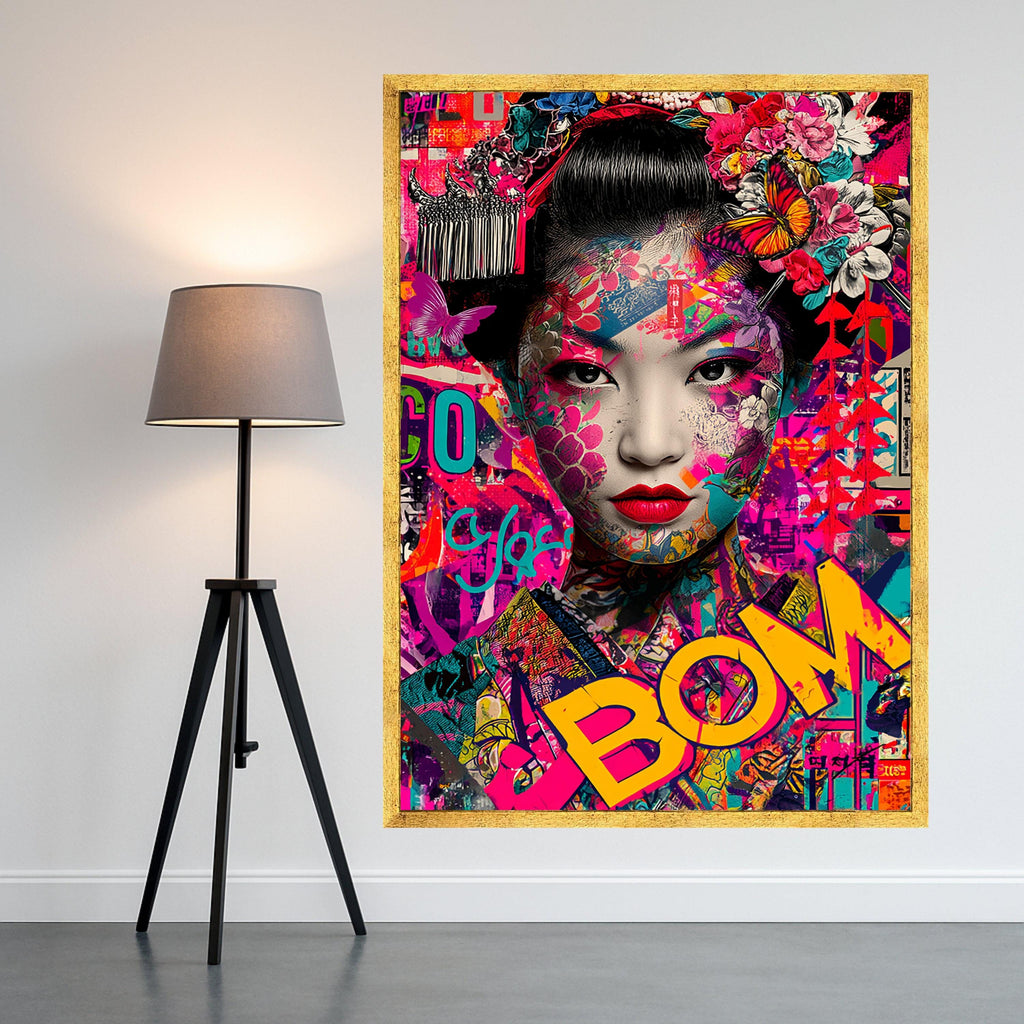 Vibrant Geisha Portrait Canvas, Colorful Floral Butterfly Wall Art, Modern Asian Art Print, Bold Pop Art Design, Ready to Ready To Hang,