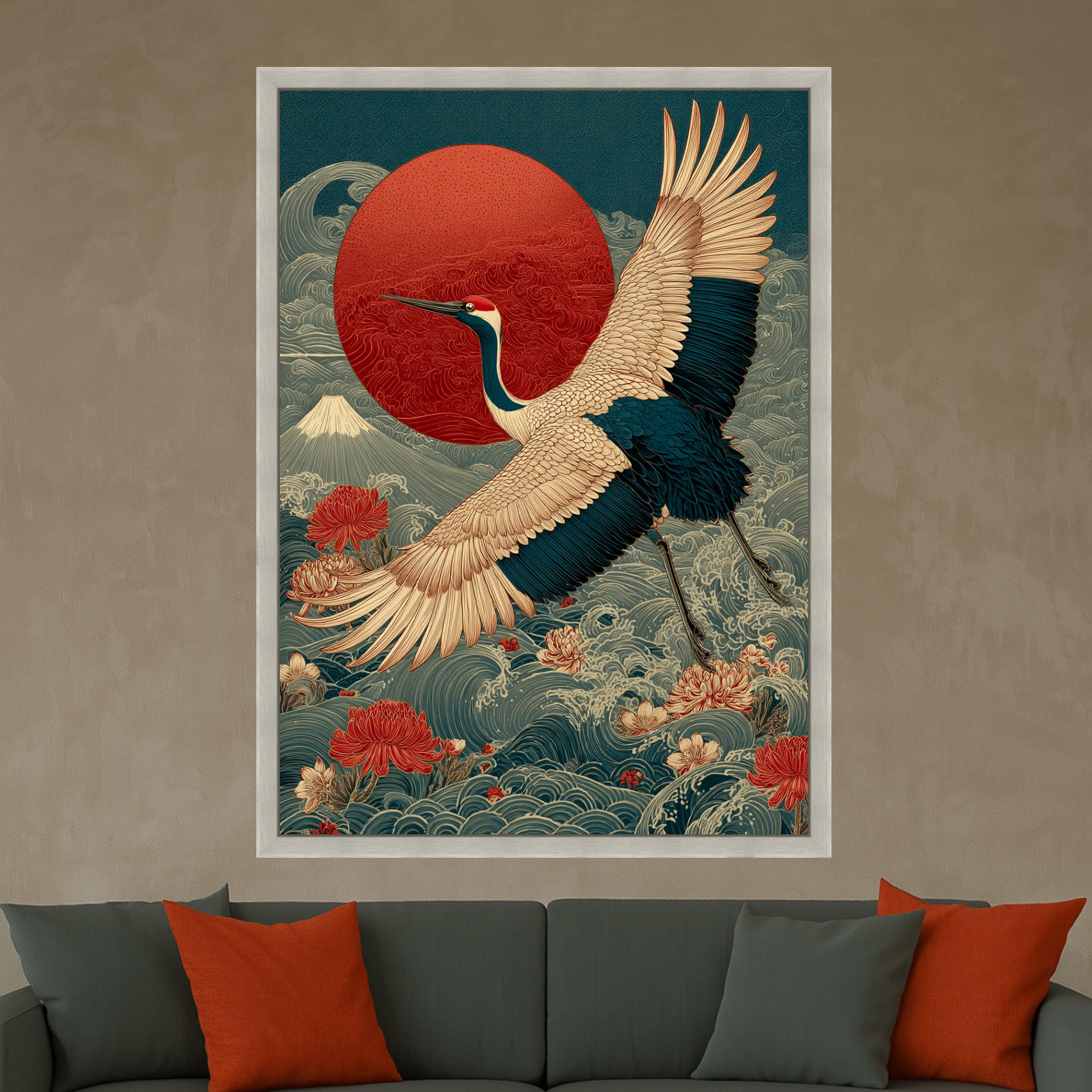 Elegant Crane Bird Canvas Wall Art, Japanese Sunrise and Floral Waves, Traditional Asian Nature Decor, Detailed Wildlife Ready To Hang,