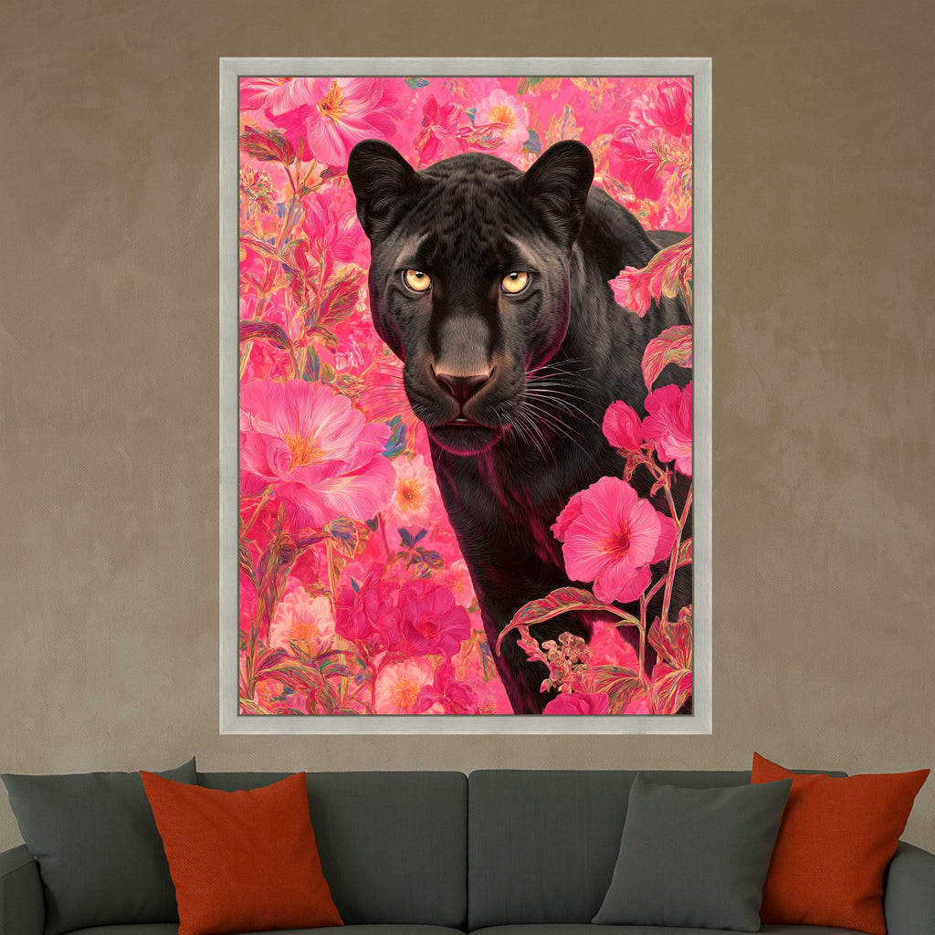 Black Panther Canvas Wall Art, Floral Jungle Animal Portrait, Modern Wildlife Canvas, Vibrant Pink Flower Background, Nature Ready To Hang,