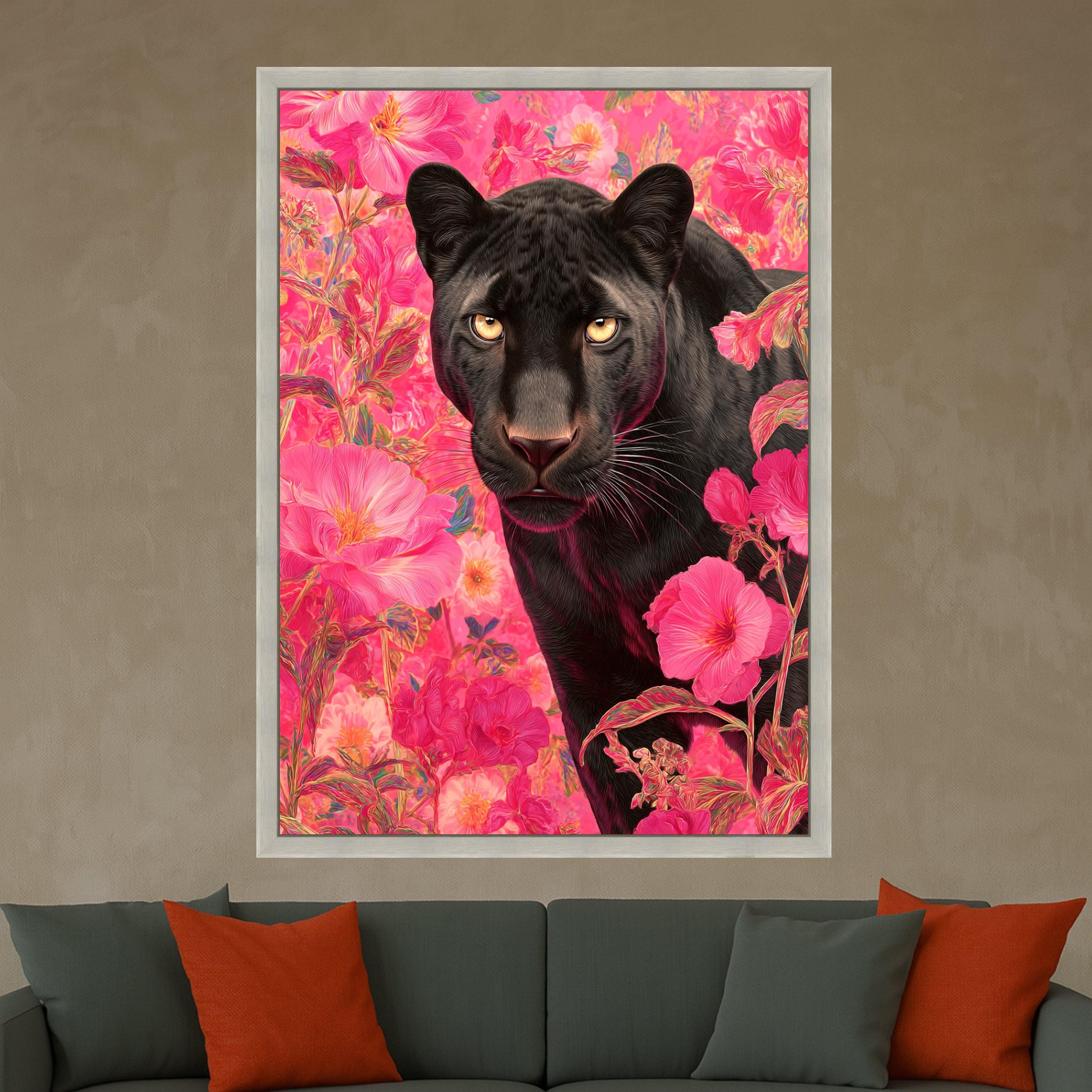 Black Panther Canvas Wall Art, Floral Jungle Animal Portrait, Modern Wildlife Canvas, Vibrant Pink Flower Background, Nature Ready To Hang,