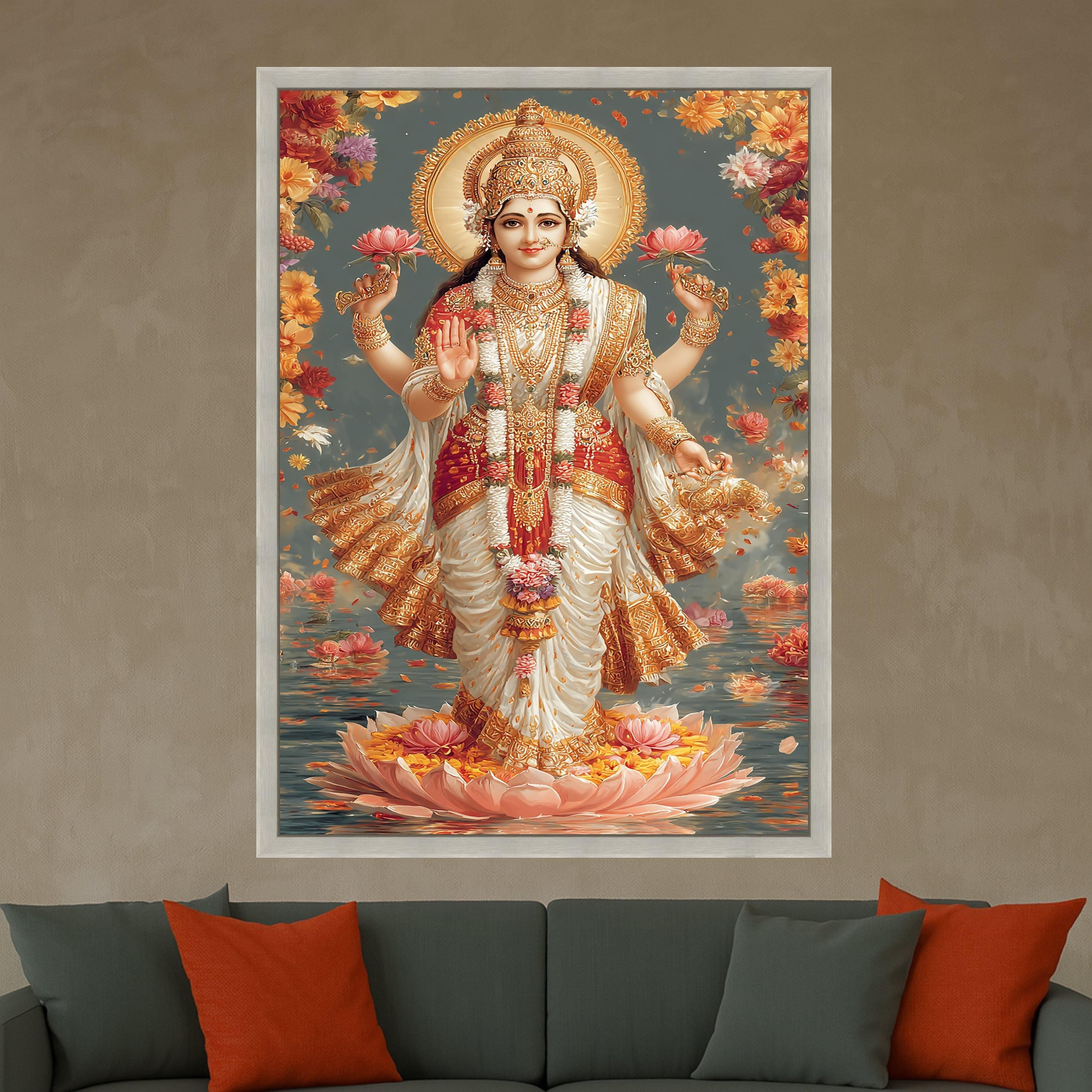 Hindu Goddess Lakshmi Canvas Wall Art, Spiritual Divine Decor, Indian Religious Painting, Floral Lotus Theme, Gold Accent Ready To Hang,