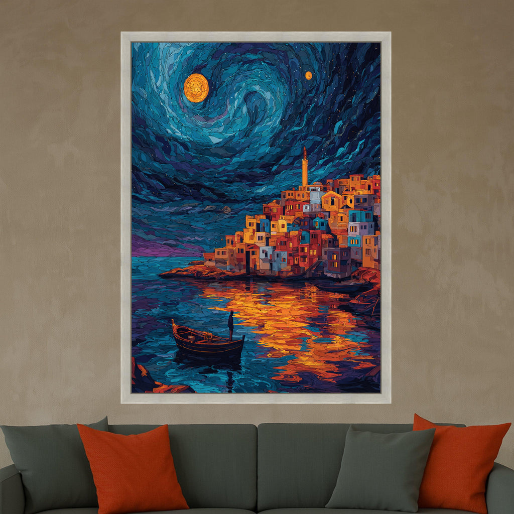 Starry Night Village, Coastal Town Canvas Wall Art, Moonlit Reflection Painting, Colorful Houses by Water, Nautical Home Ready To Hang,