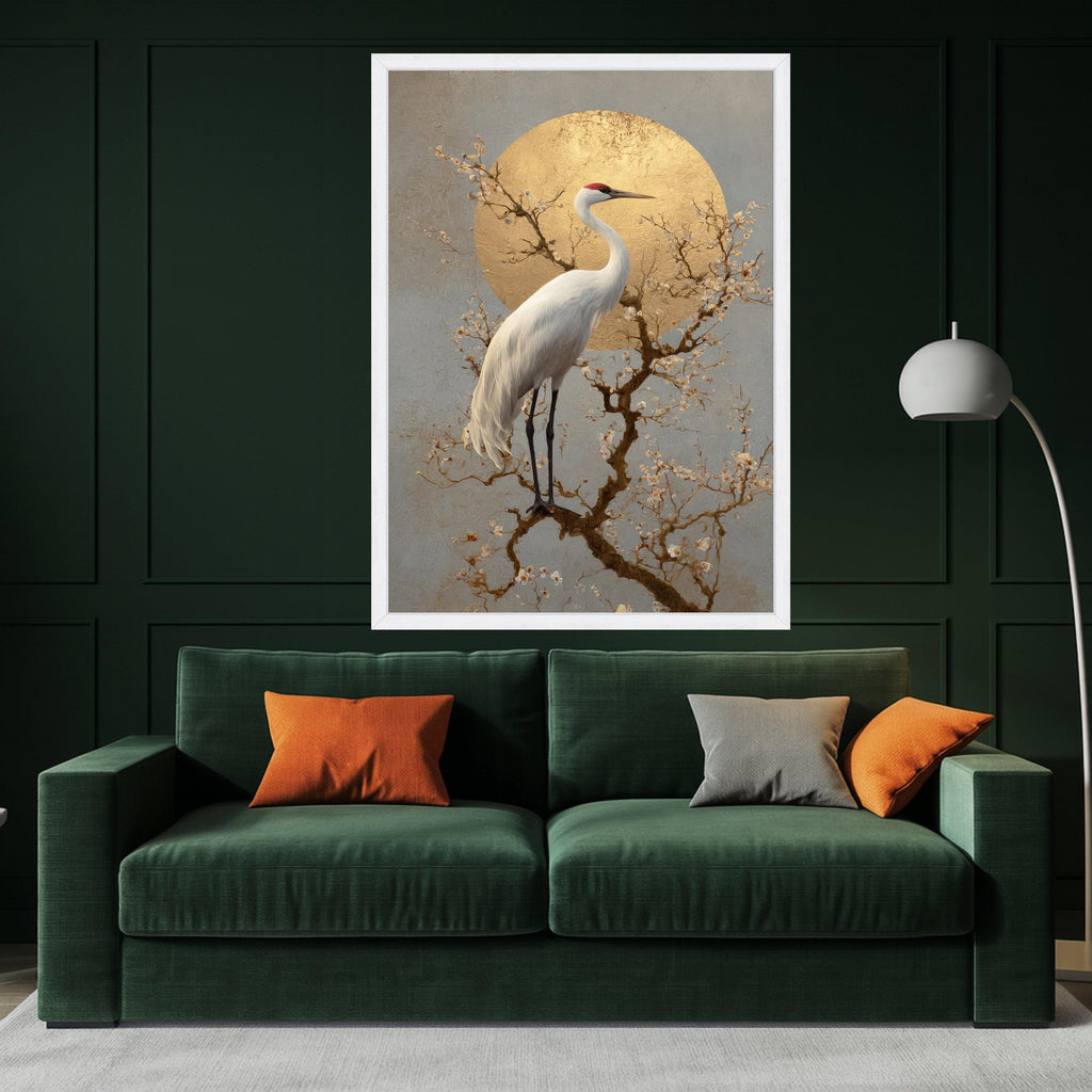 Elegant White Crane Canvas, Blossoming Branch Wall Art, Golden Sunbird Print, Asian Inspired Nature Canvas, Stylish Home Ready To Hang,