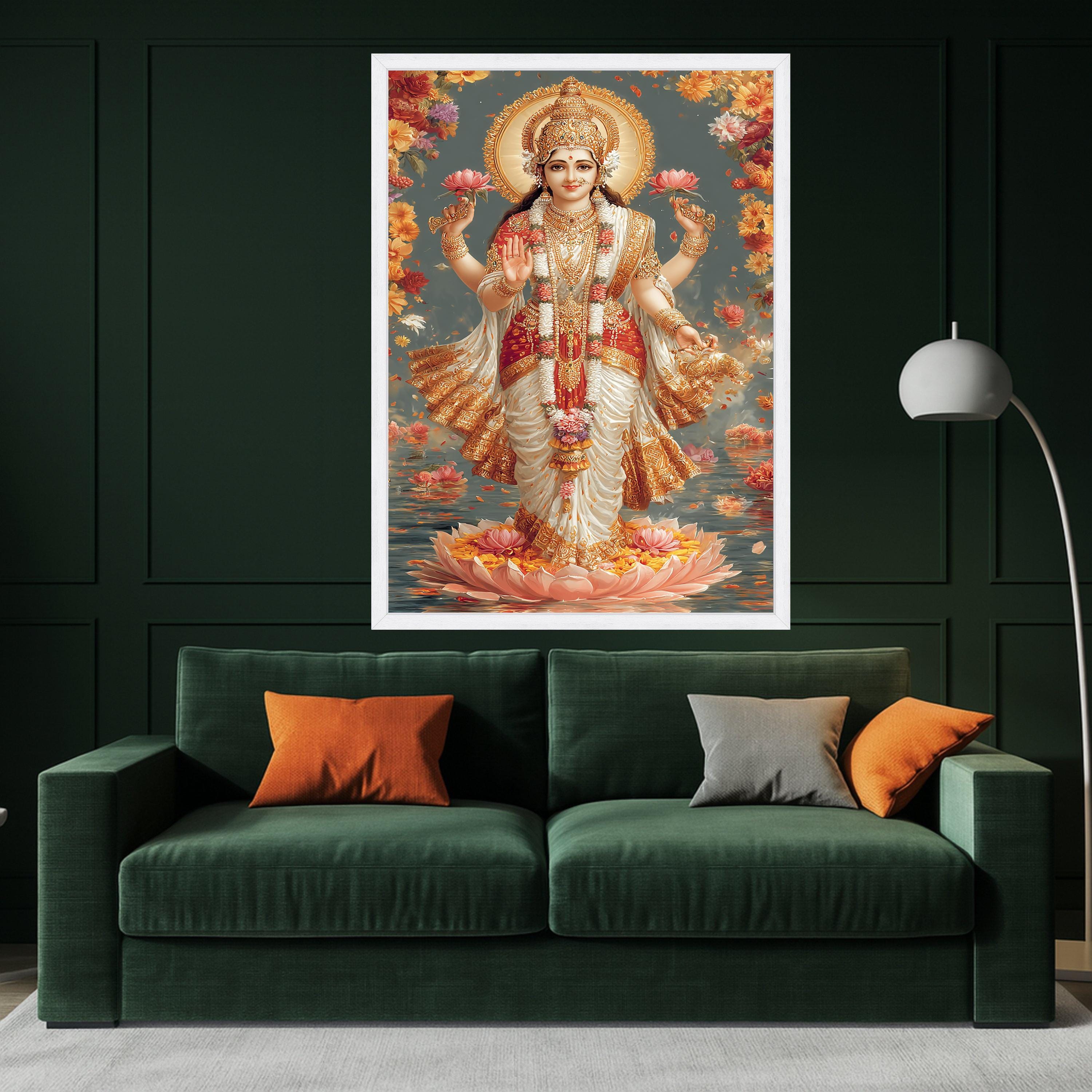 Hindu Goddess Lakshmi Canvas Wall Art, Spiritual Divine Decor, Indian Religious Painting, Floral Lotus Theme, Gold Accent Ready To Hang,