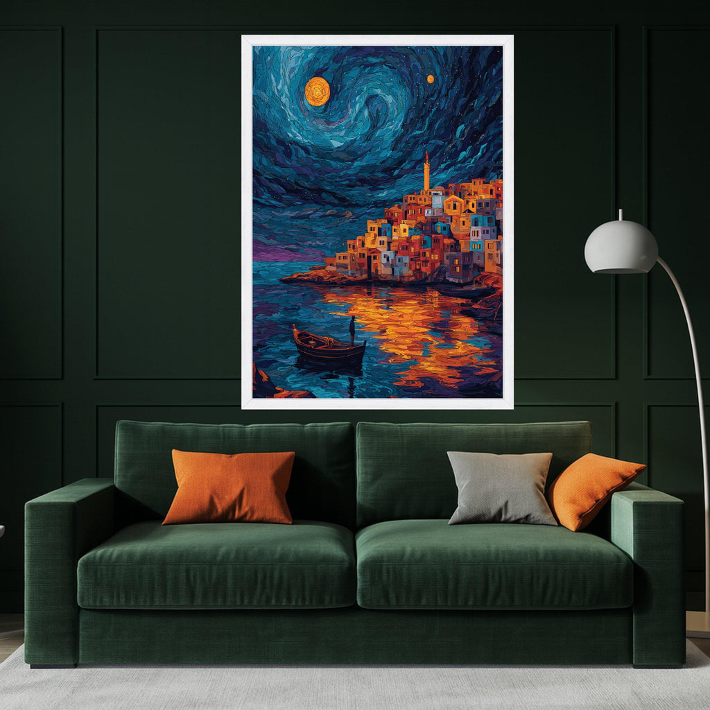 Starry Night Village, Coastal Town Canvas Wall Art, Moonlit Reflection Painting, Colorful Houses by Water, Nautical Home Ready To Hang,