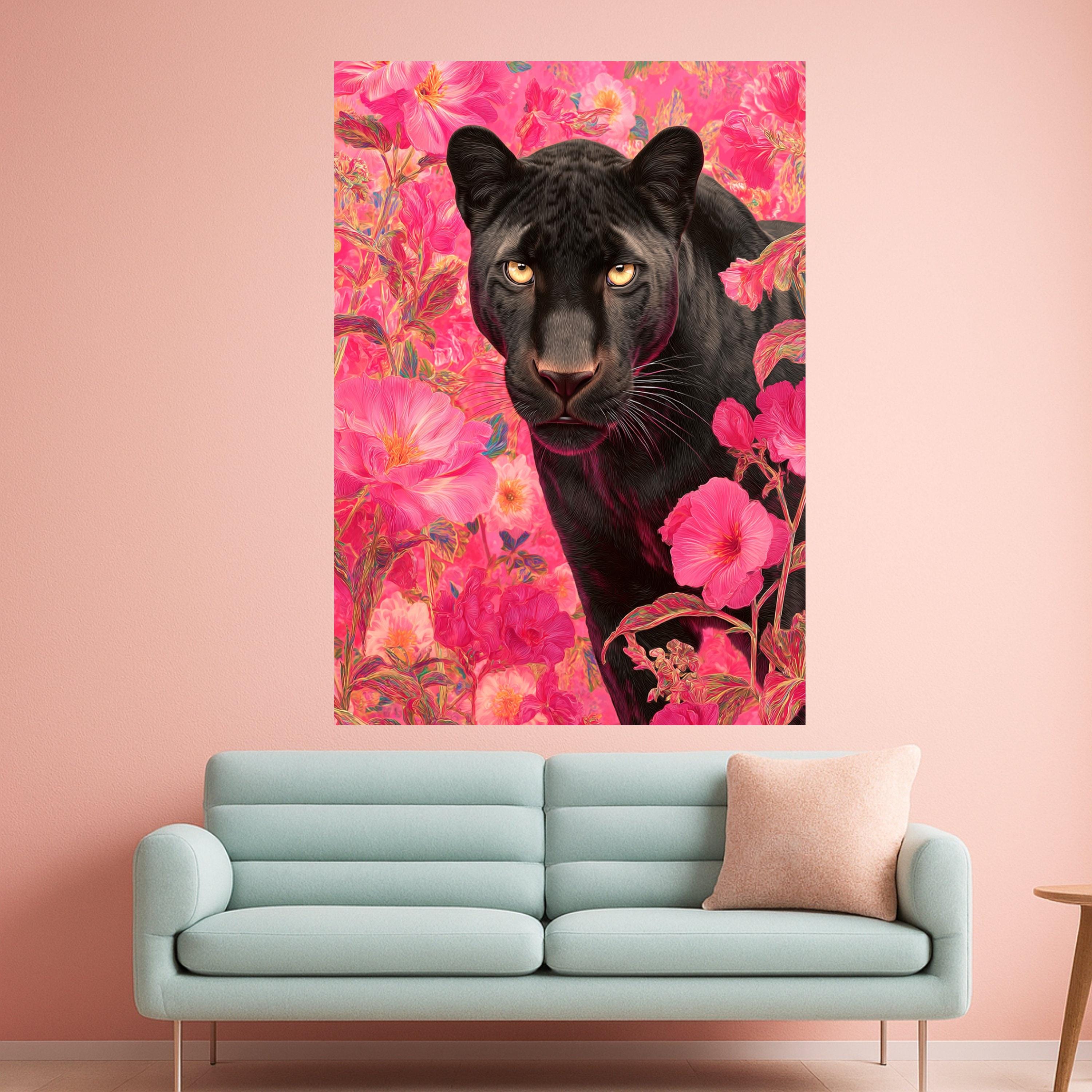Black Panther Canvas Wall Art, Floral Jungle Animal Portrait, Modern Wildlife Canvas, Vibrant Pink Flower Background, Nature Ready To Hang,