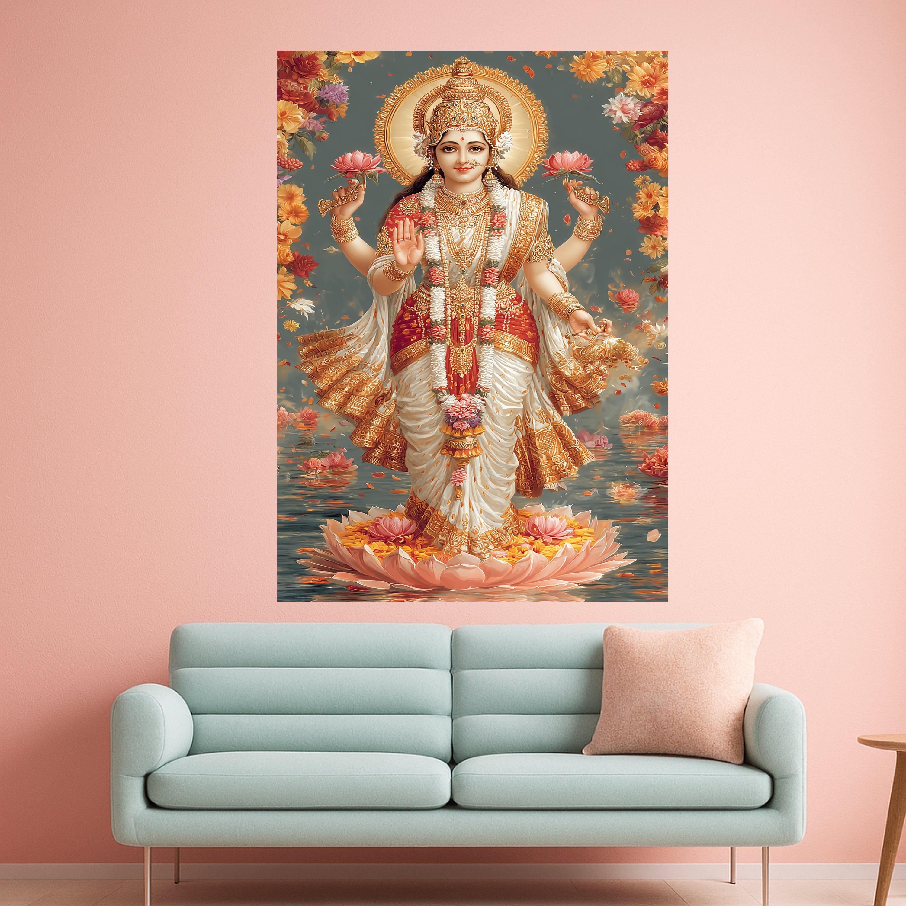 Hindu Goddess Lakshmi Canvas Wall Art, Spiritual Divine Decor, Indian Religious Painting, Floral Lotus Theme, Gold Accent Ready To Hang,