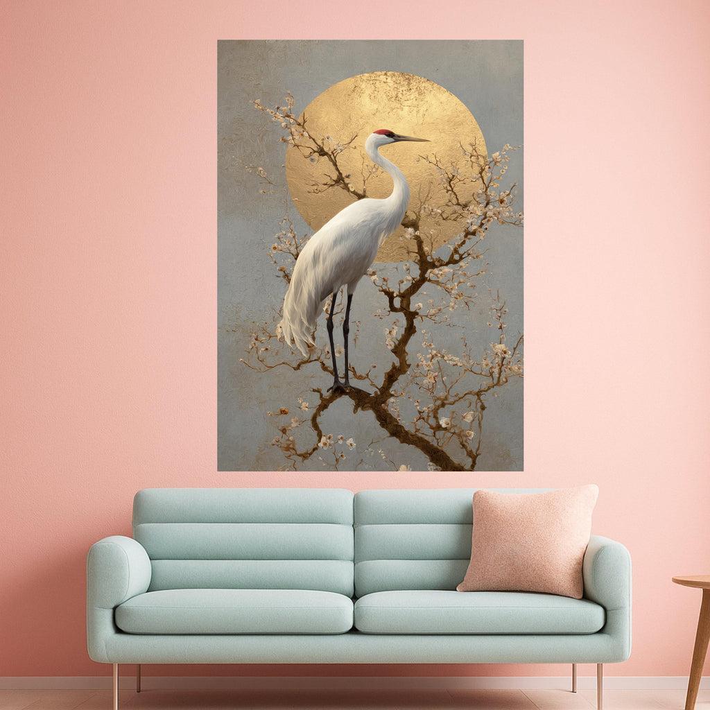 Elegant White Crane Canvas, Blossoming Branch Wall Art, Golden Sunbird Print, Asian Inspired Nature Canvas, Stylish Home Ready To Hang,