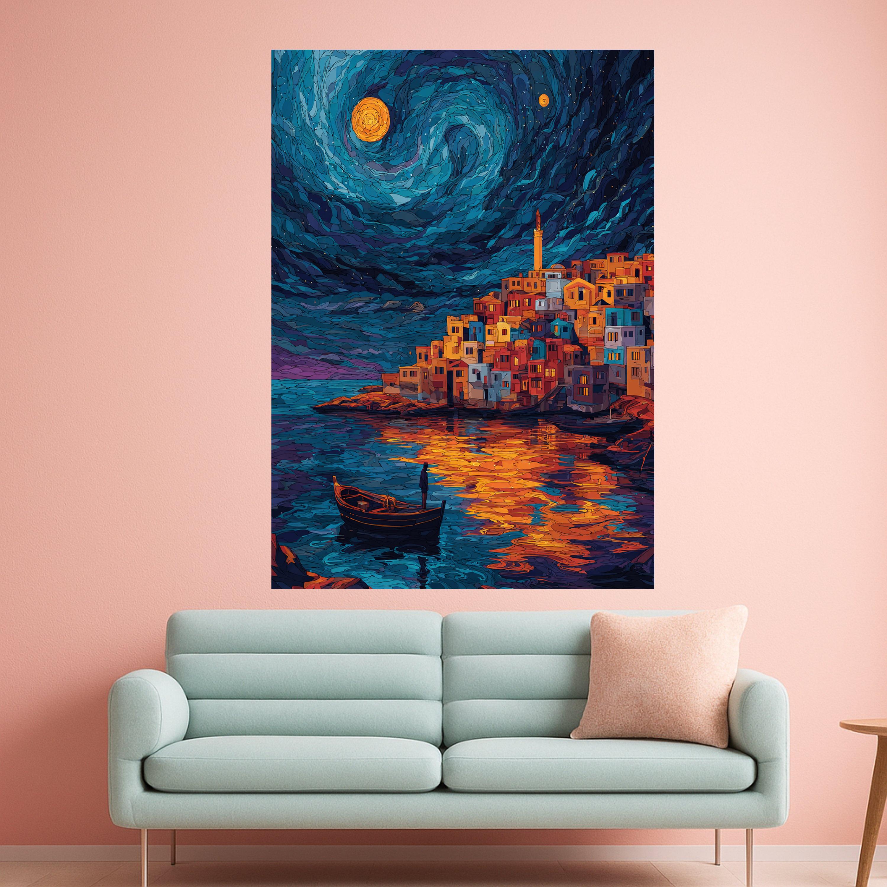 Starry Night Village, Coastal Town Canvas Wall Art, Moonlit Reflection Painting, Colorful Houses by Water, Nautical Home Ready To Hang,