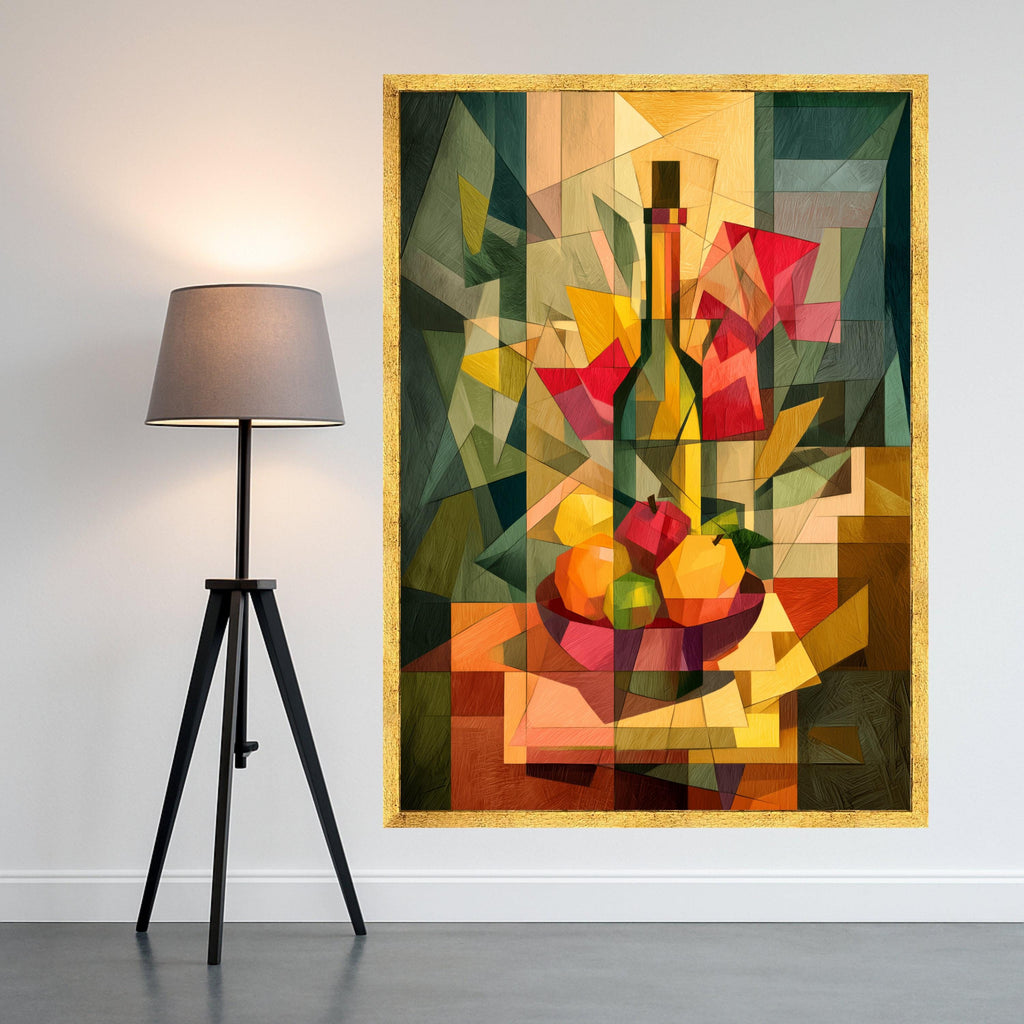 Modern Cubist Still Life Canvas, Abstract Fruit Bowl Wall Art, Geometric Wine Bottle Decoration, Colorful Kitchen Canvas Art Ready To Hang,