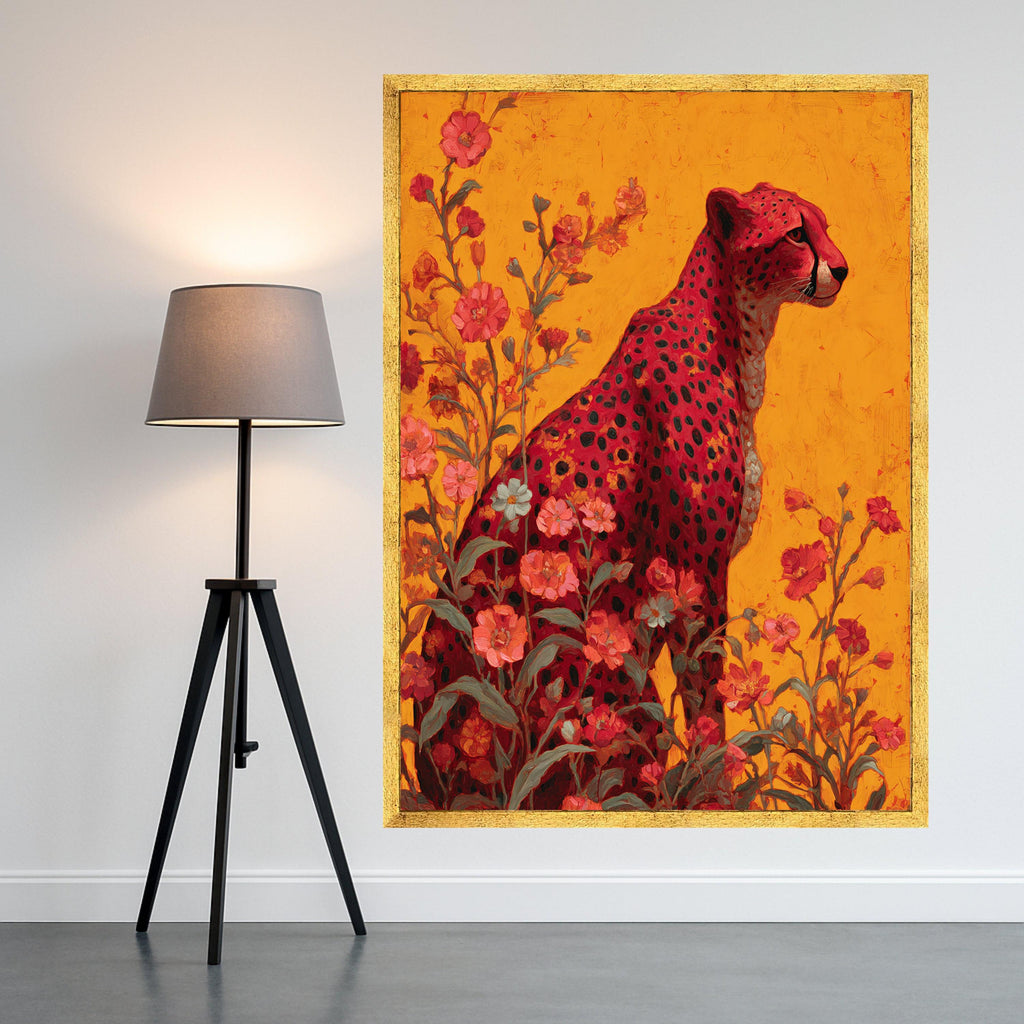 Majestic Red Cheetah Canvas, Floral Nature Wall Art, Vibrant Animal Painting, Modern Jungle Decor, Bold Wildlife Canvas Print Ready To Hang,