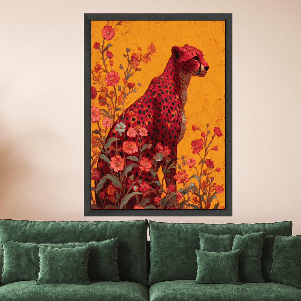 Majestic Red Cheetah Canvas, Floral Nature Wall Art, Vibrant Animal Painting, Modern Jungle Decor, Bold Wildlife Canvas Print Ready To Hang,