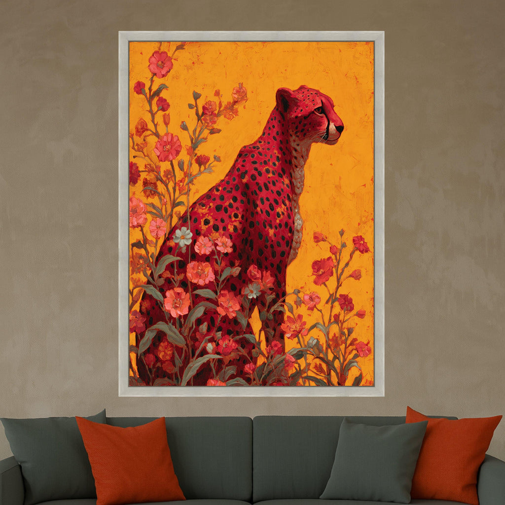 Majestic Red Cheetah Canvas, Floral Nature Wall Art, Vibrant Animal Painting, Modern Jungle Decor, Bold Wildlife Canvas Print Ready To Hang,
