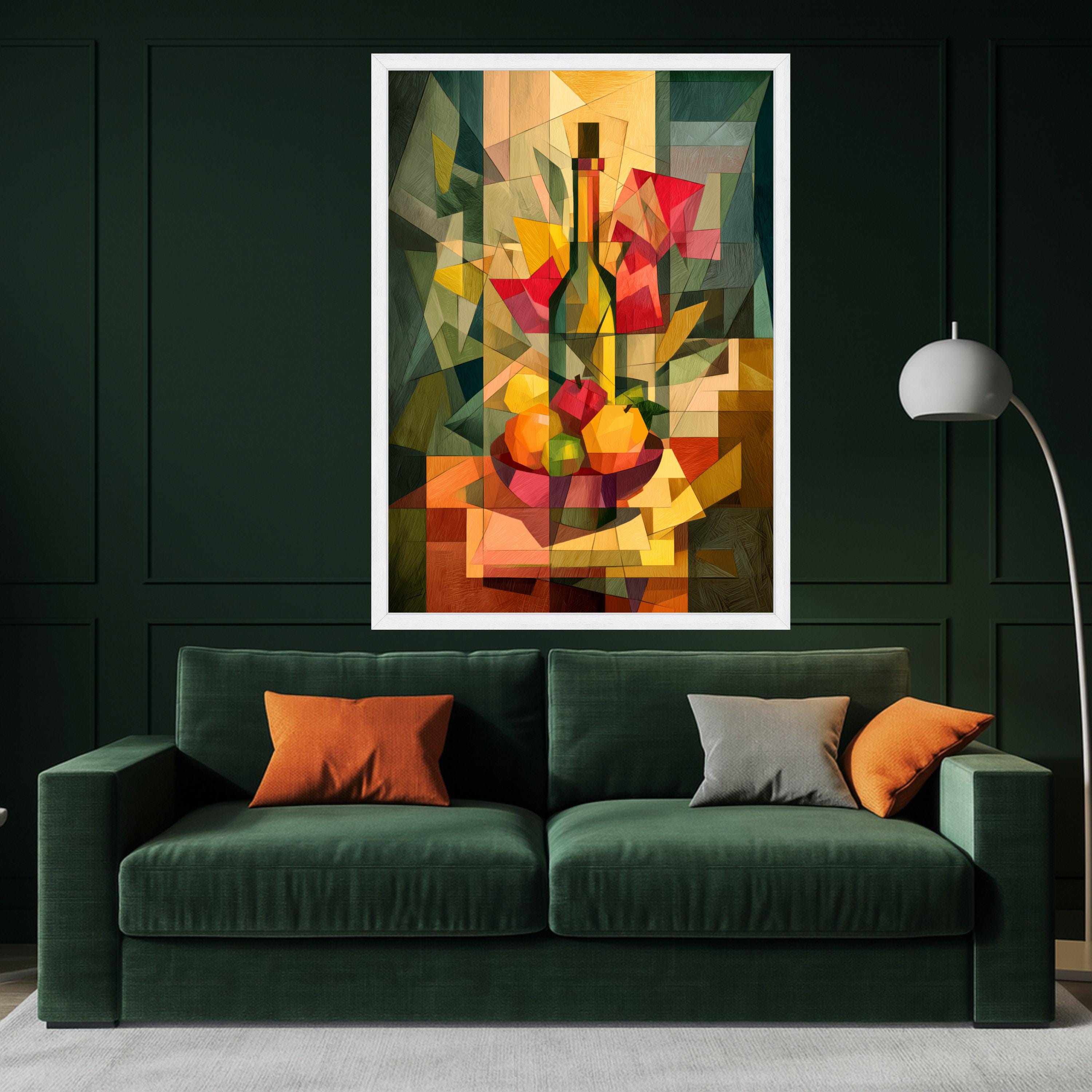 Modern Cubist Still Life Canvas, Abstract Fruit Bowl Wall Art, Geometric Wine Bottle Decoration, Colorful Kitchen Canvas Art Ready To Hang,