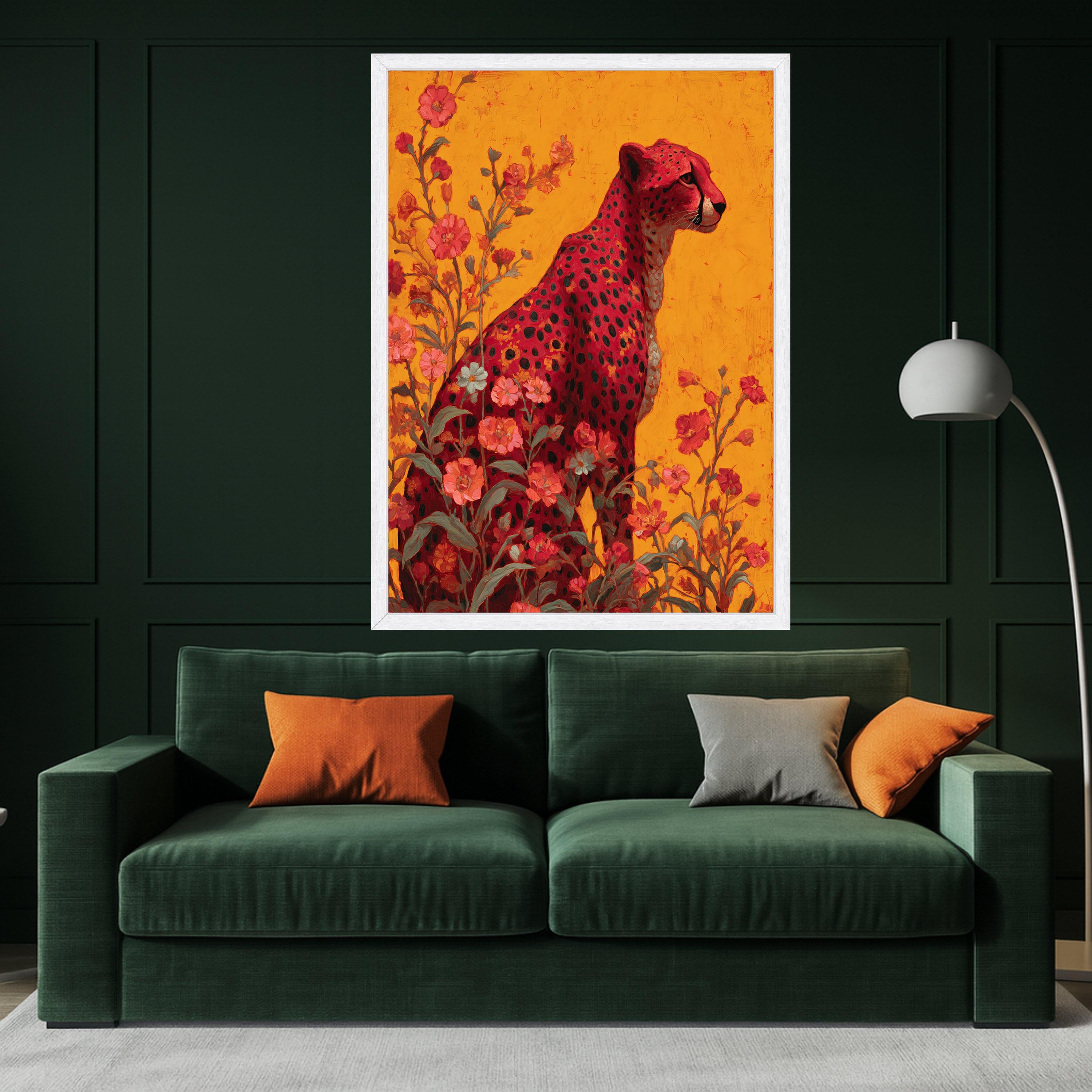 Majestic Red Cheetah Canvas, Floral Nature Wall Art, Vibrant Animal Painting, Modern Jungle Decor, Bold Wildlife Canvas Print Ready To Hang,