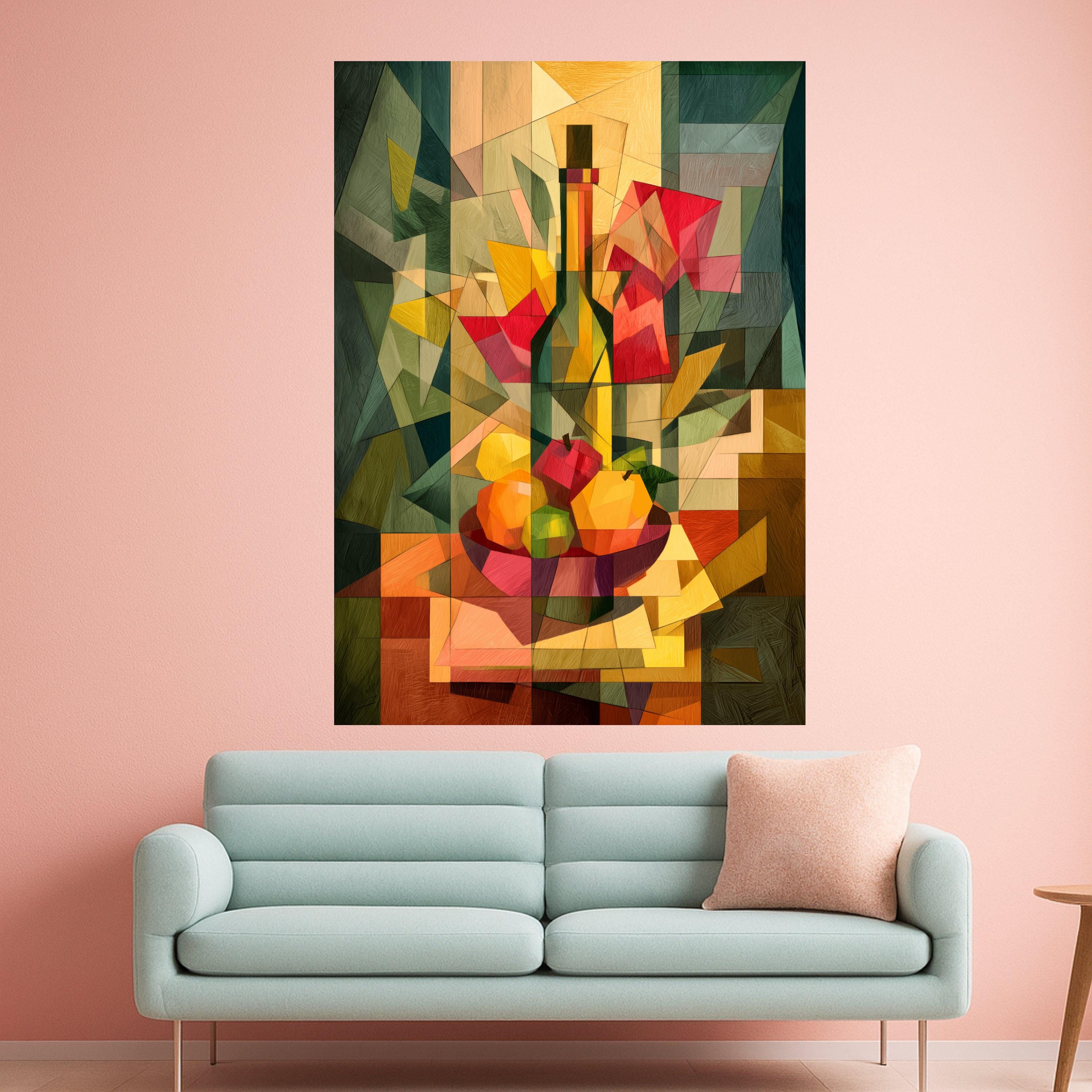 Modern Cubist Still Life Canvas, Abstract Fruit Bowl Wall Art, Geometric Wine Bottle Decoration, Colorful Kitchen Canvas Art Ready To Hang,