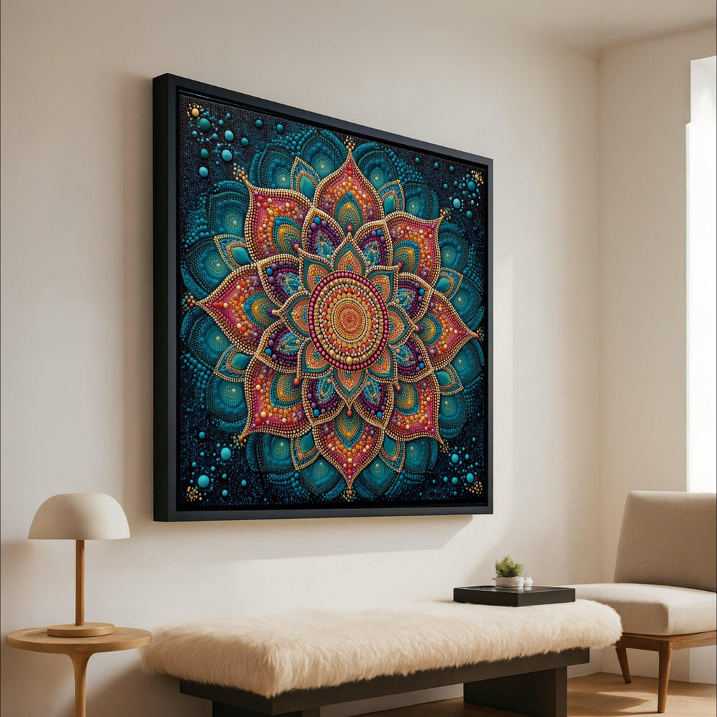 Vibrant Mandala Canvas Wall Art, Colorful Dot Pattern, Boho Home Decoration, Spiritual Geometric Design, Ready to Hang Canvas Ready To Hang,