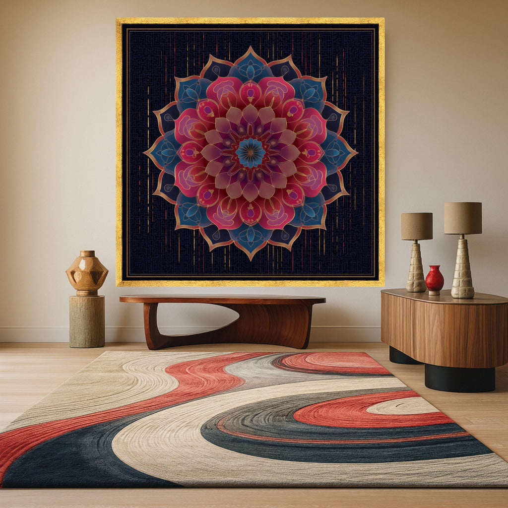 Elegant Mandala Canvas Wall Art, Floral Geometric Design, Boho Chic Home Decor, Vibrant Pink and Blue Pattern, Luxury Bedroom Ready To Hang,