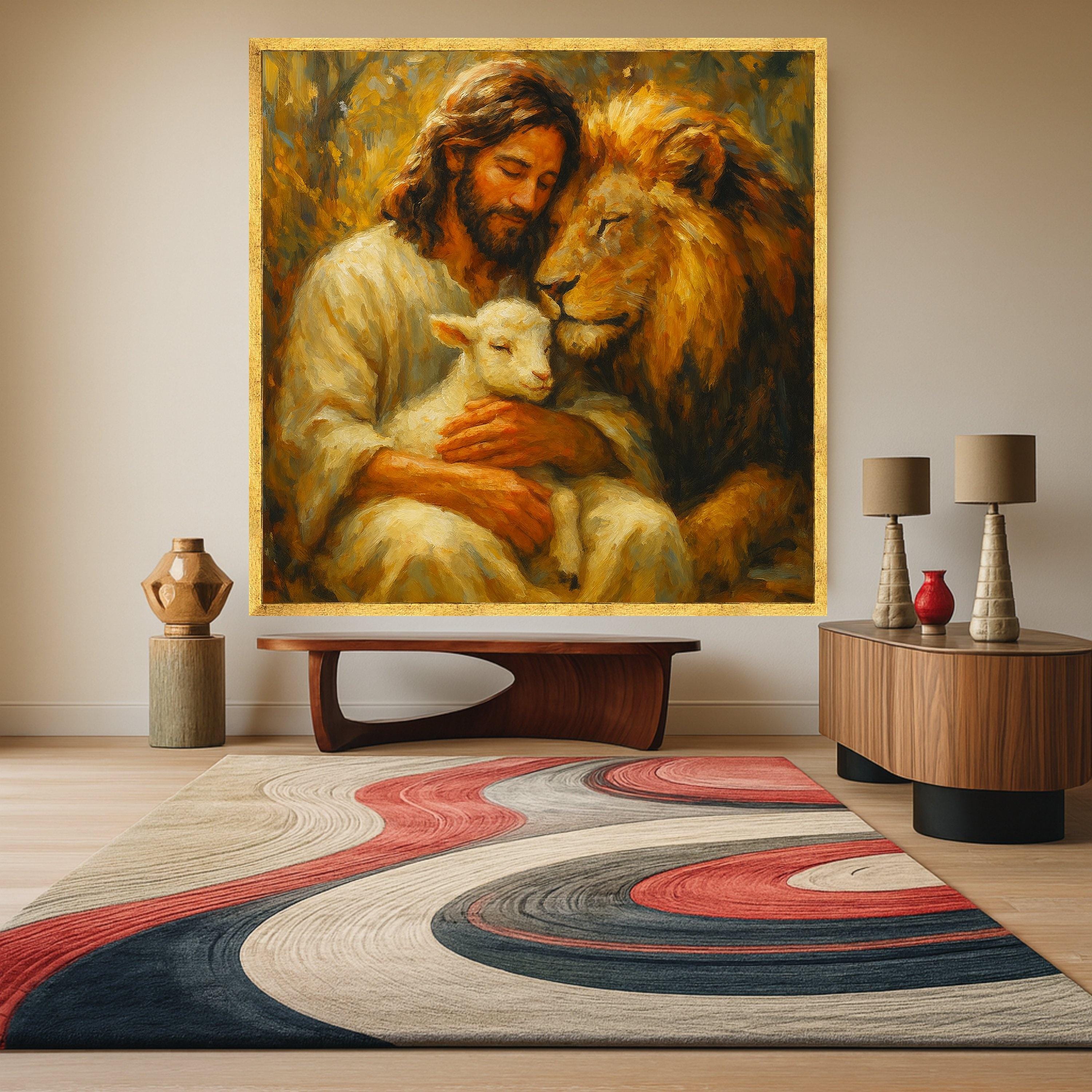 Jesus with Lamb and Lion, Spiritual Canvas Wall Art, Christian Inspirational Painting, Faith Home Decor, Religious Wall Ready To Hang,