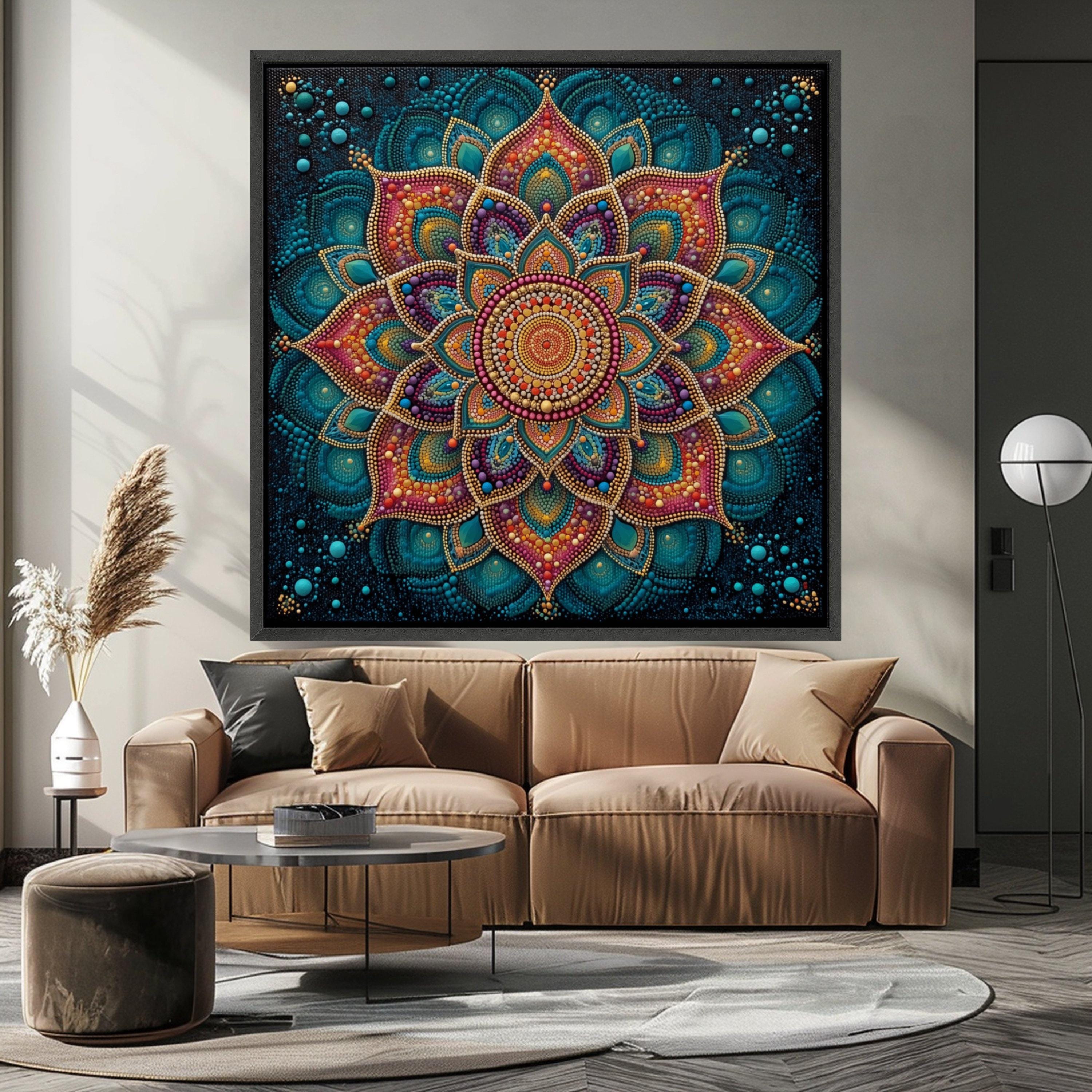 Vibrant Mandala Canvas Wall Art, Colorful Dot Pattern, Boho Home Decoration, Spiritual Geometric Design, Ready to Hang Canvas Ready To Hang,