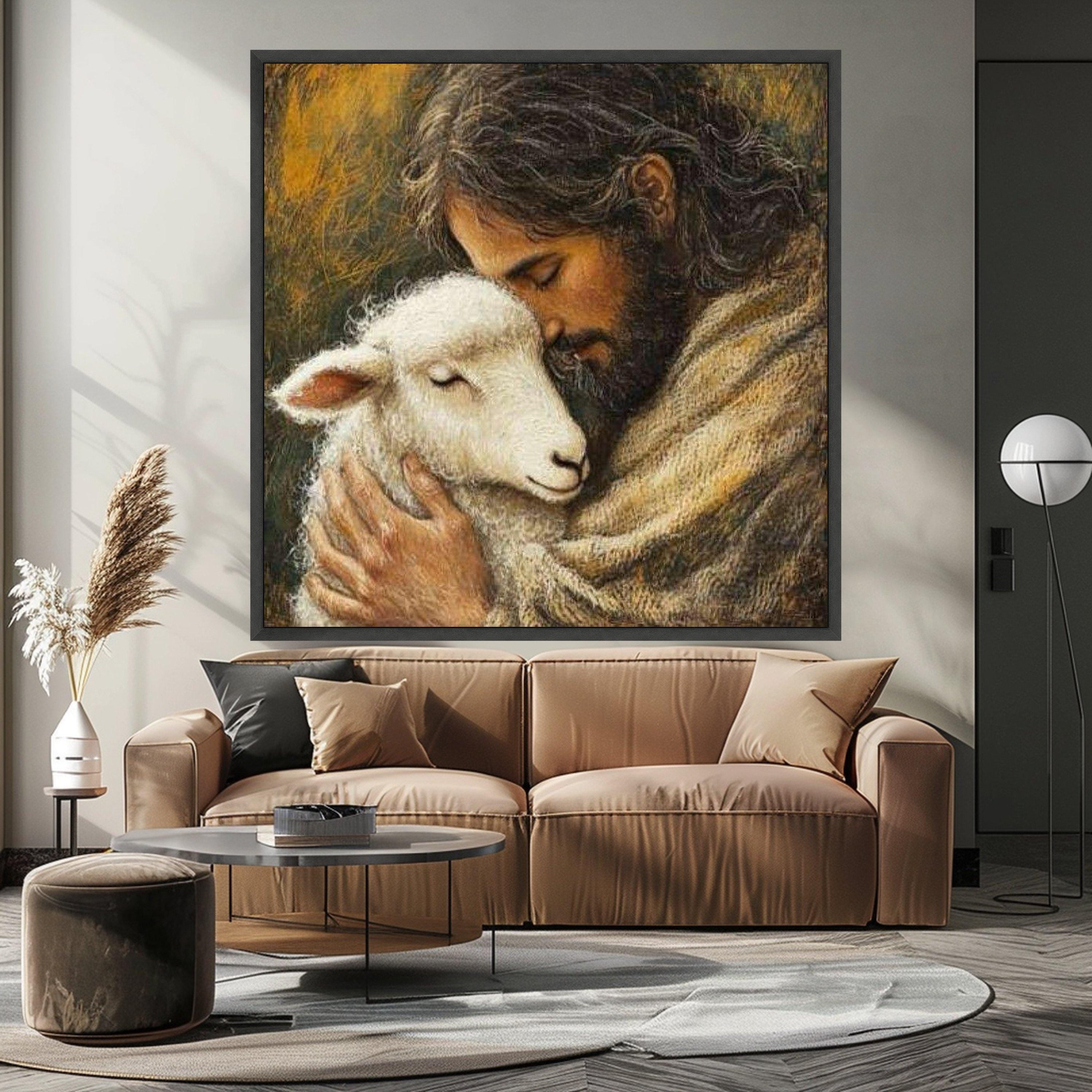 Jesus with Lamb Canvas Wall Art, Spiritual Christian Canvas, Religious Home Decor, Peaceful Faith Artwork, Inspirational Wall Ready To Hang,