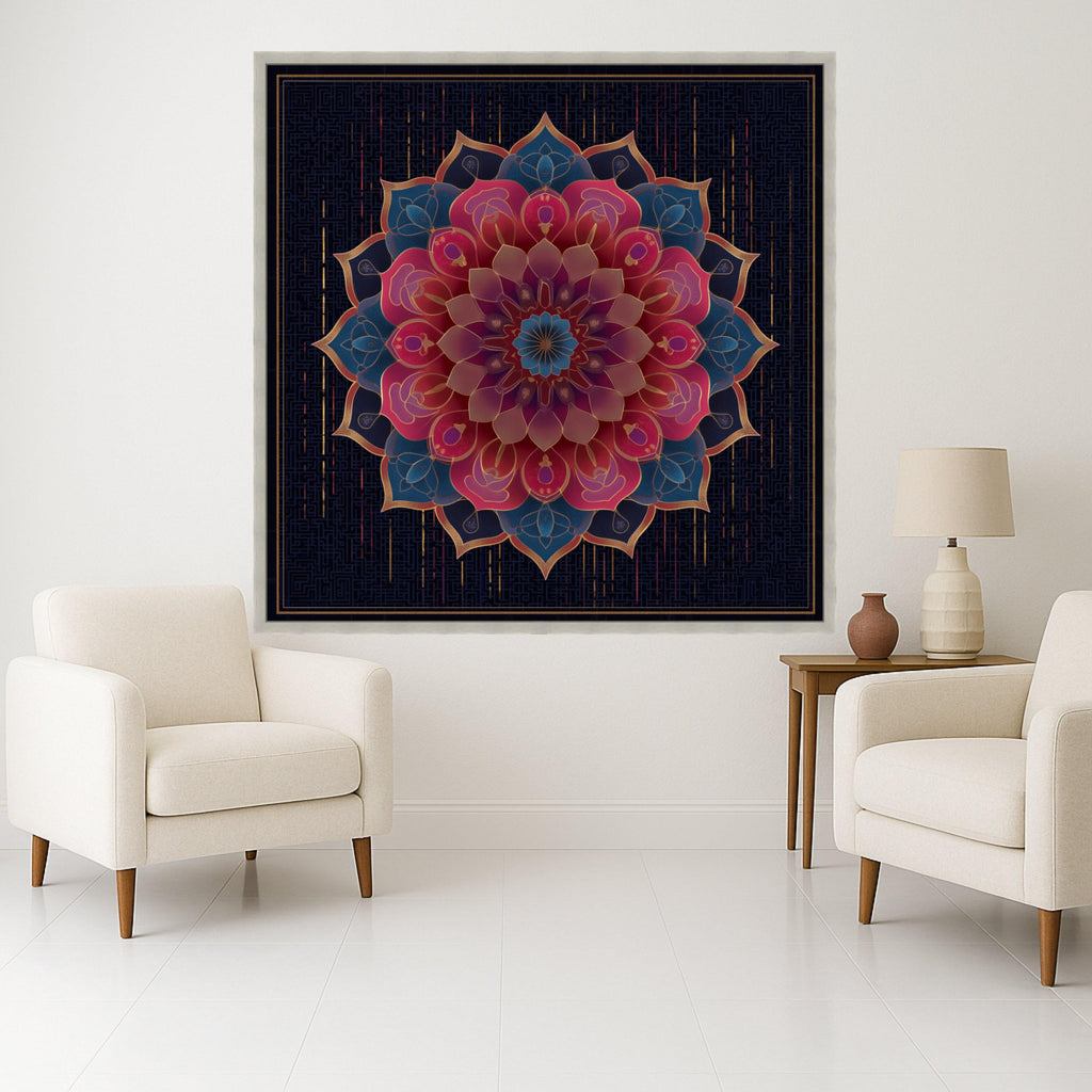 Elegant Mandala Canvas Wall Art, Floral Geometric Design, Boho Chic Home Decor, Vibrant Pink and Blue Pattern, Luxury Bedroom Ready To Hang,
